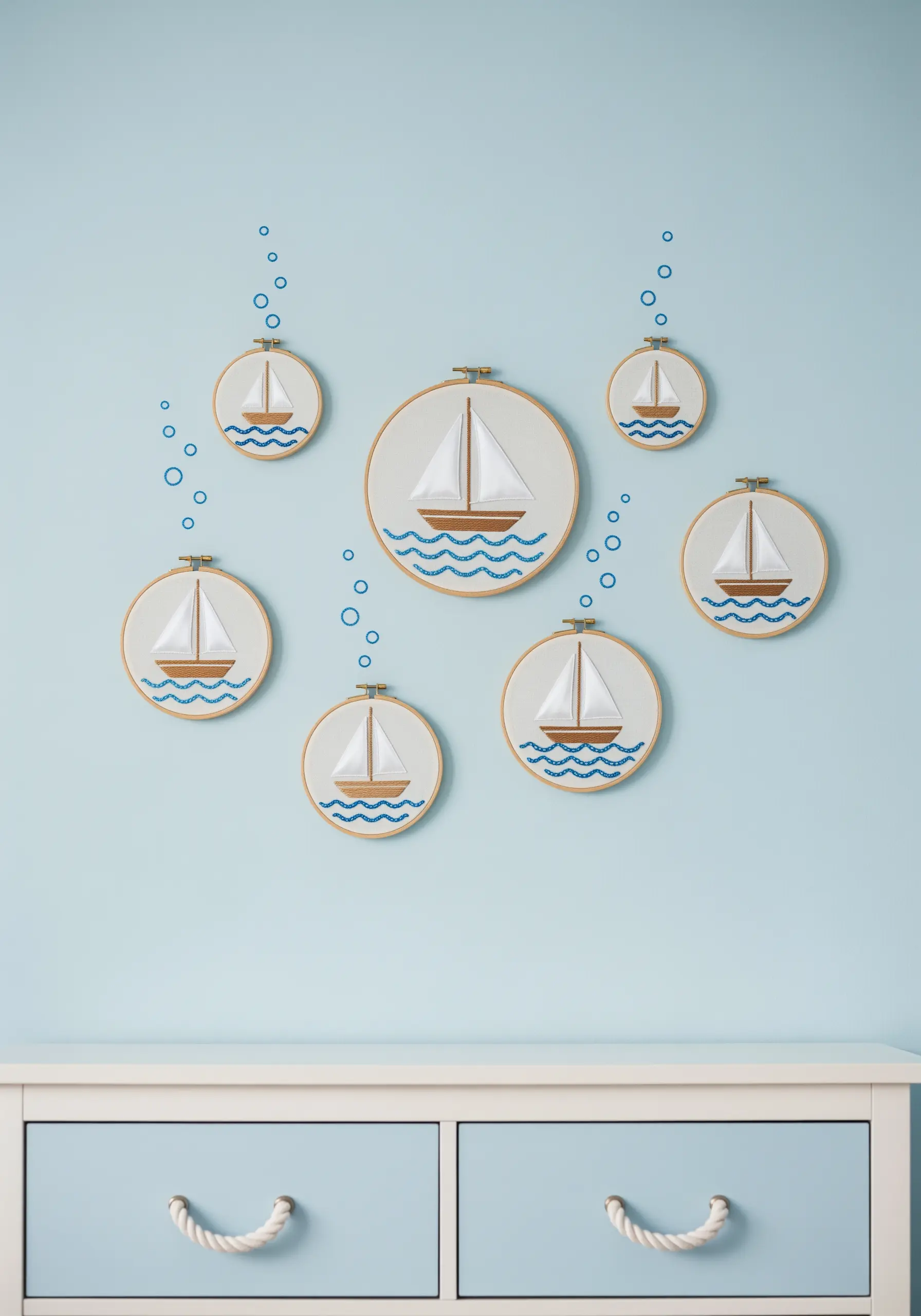 A collection of small embroidery hoops with sailboats arranged on a blue wall.