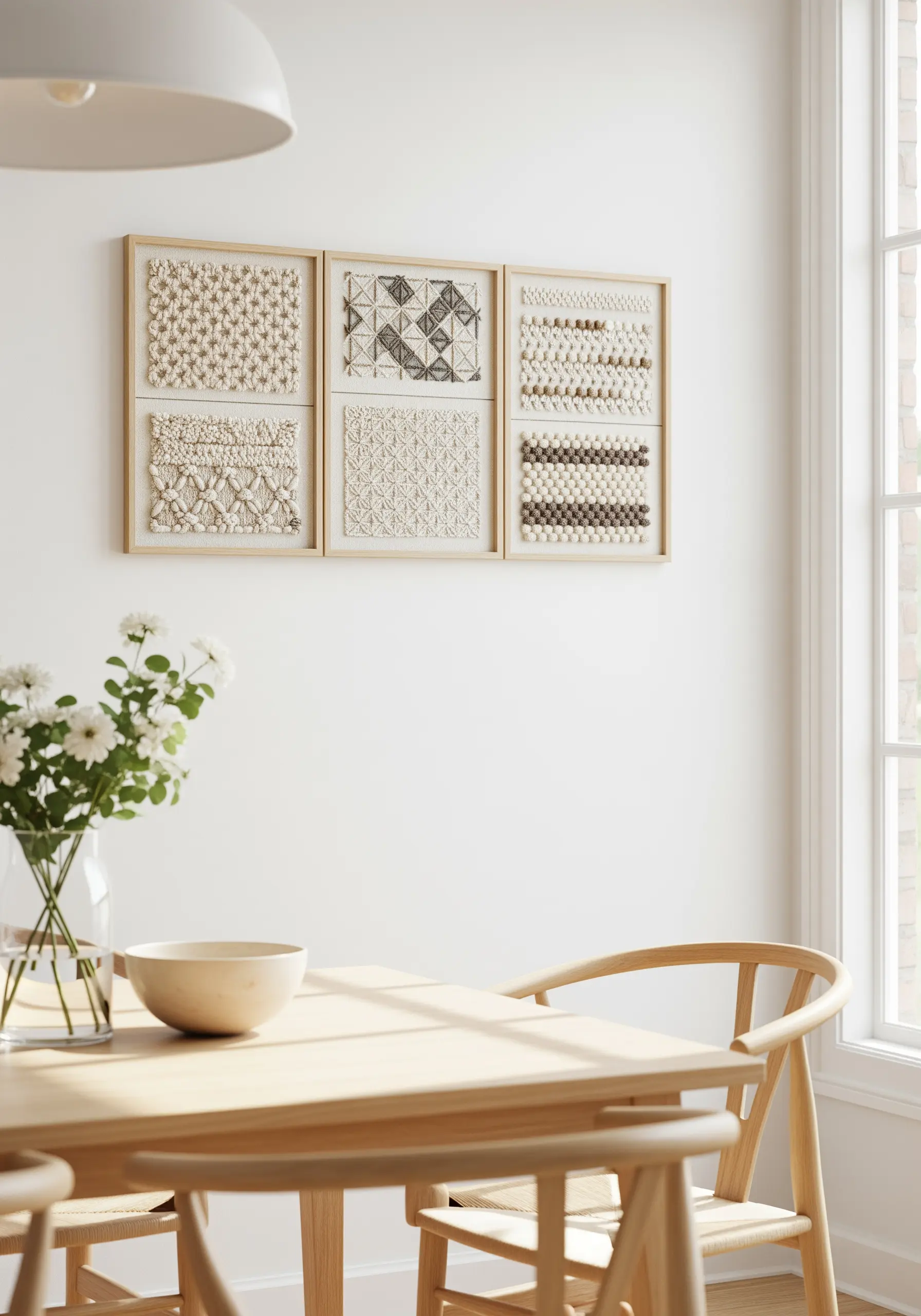 A gallery wall of six framed embroidery samplers, each with a different neutral texture.