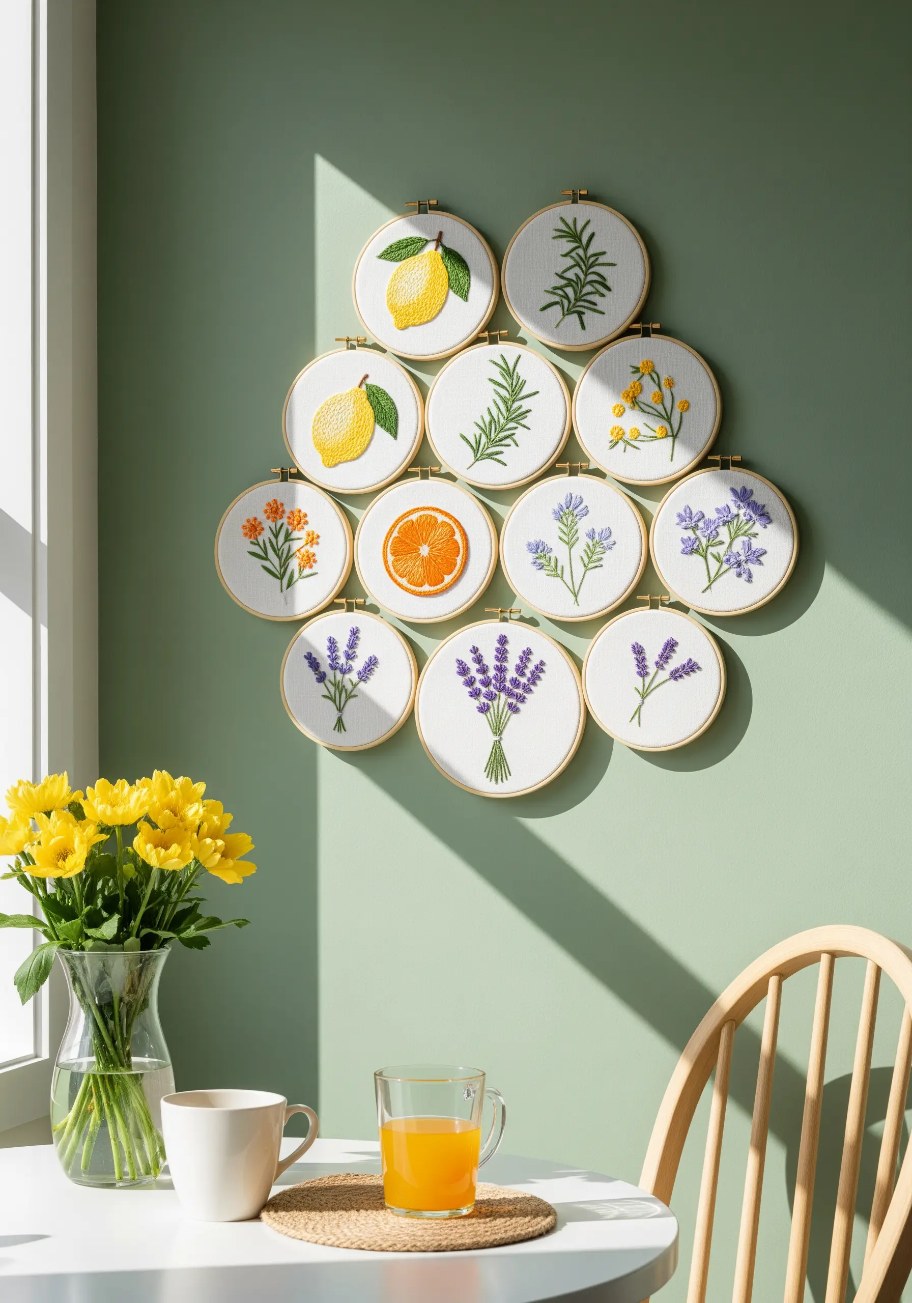 A grid of small embroidery hoops with lemons, oranges, lavender, and rosemary on a sage green wall.