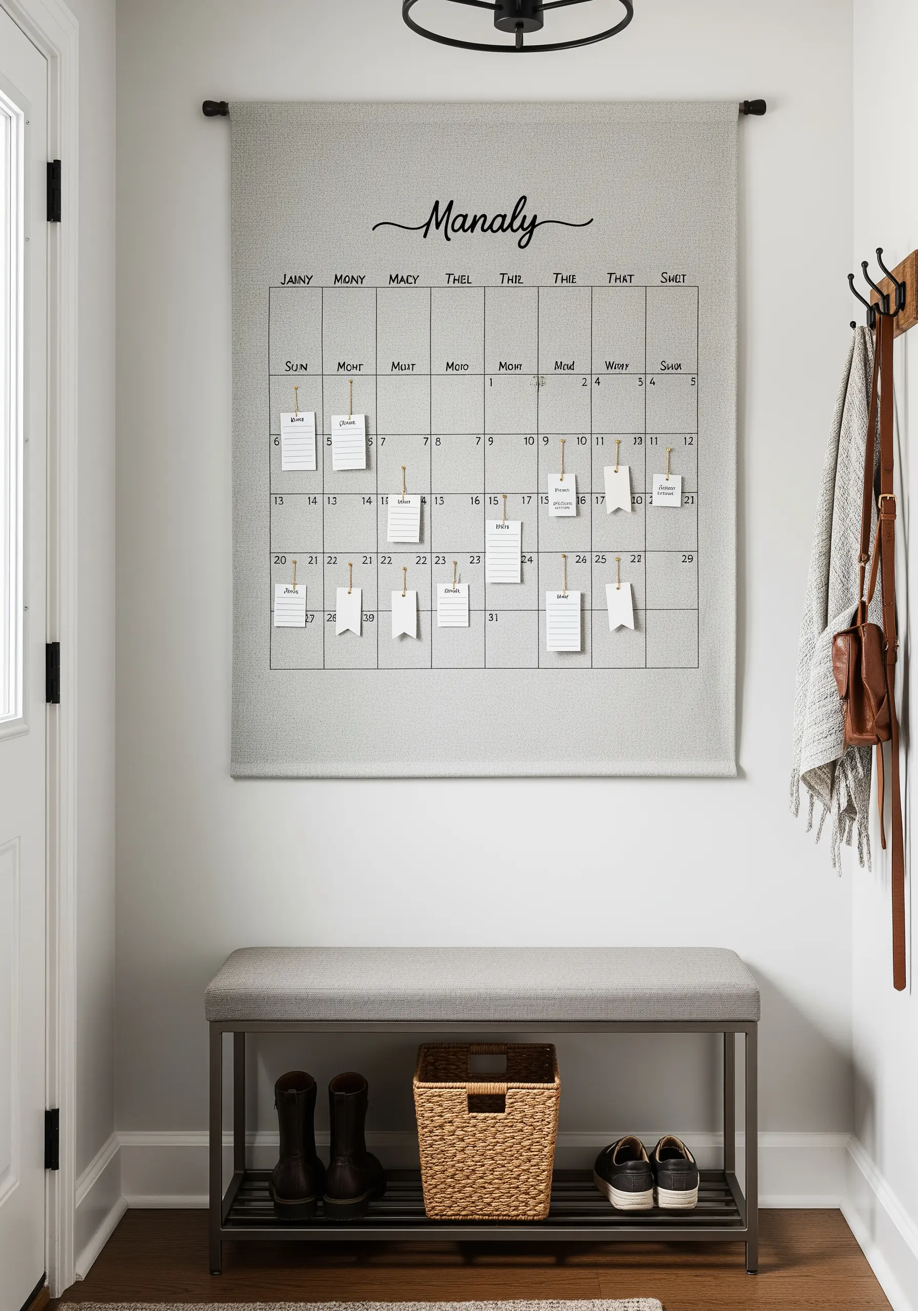 A large, embroidered wall calendar with a grid and scripted title.