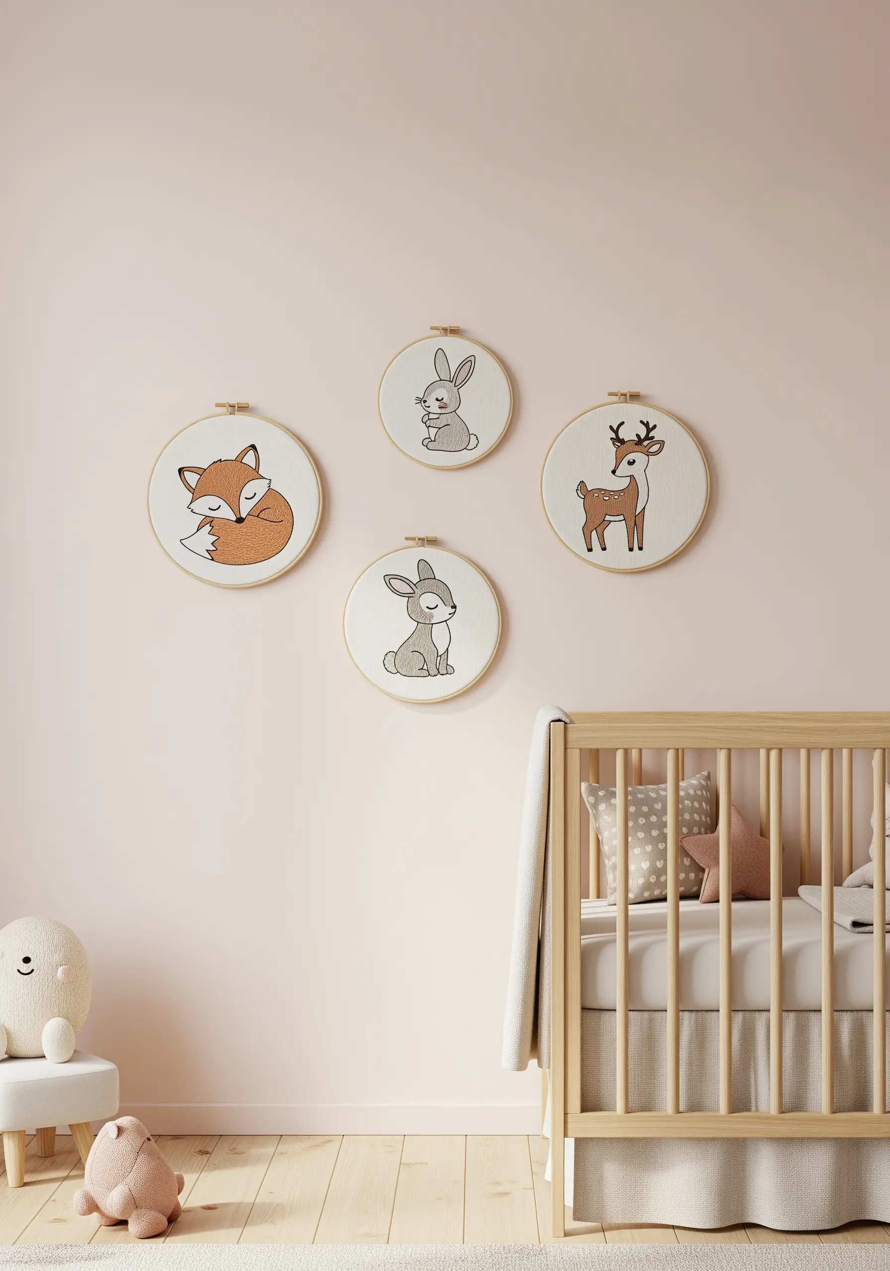 A gallery wall of four embroidery hoops featuring a fox, rabbits, and a deer for a nursery.