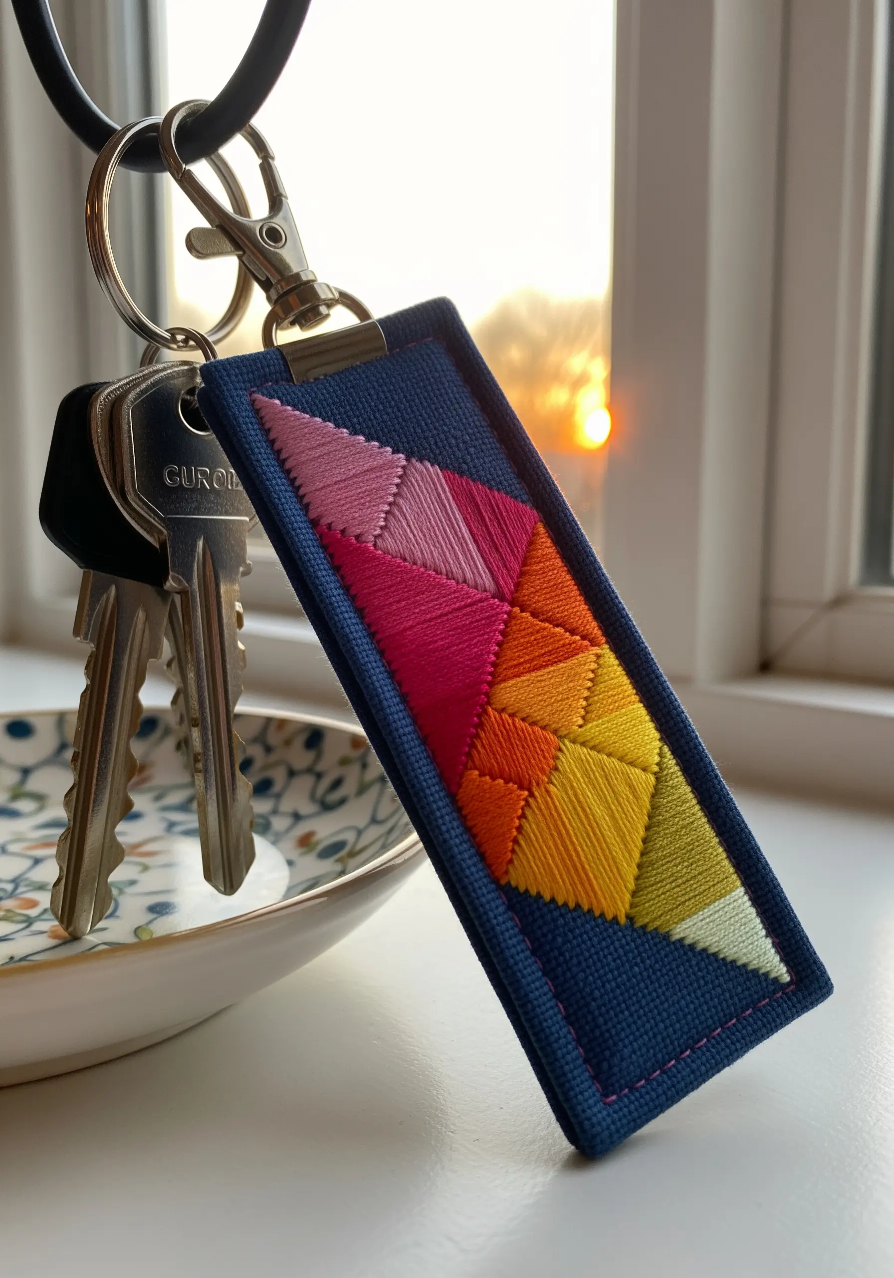 An embroidered keychain with a geometric pattern of pink, orange, and yellow satin stitch triangles.