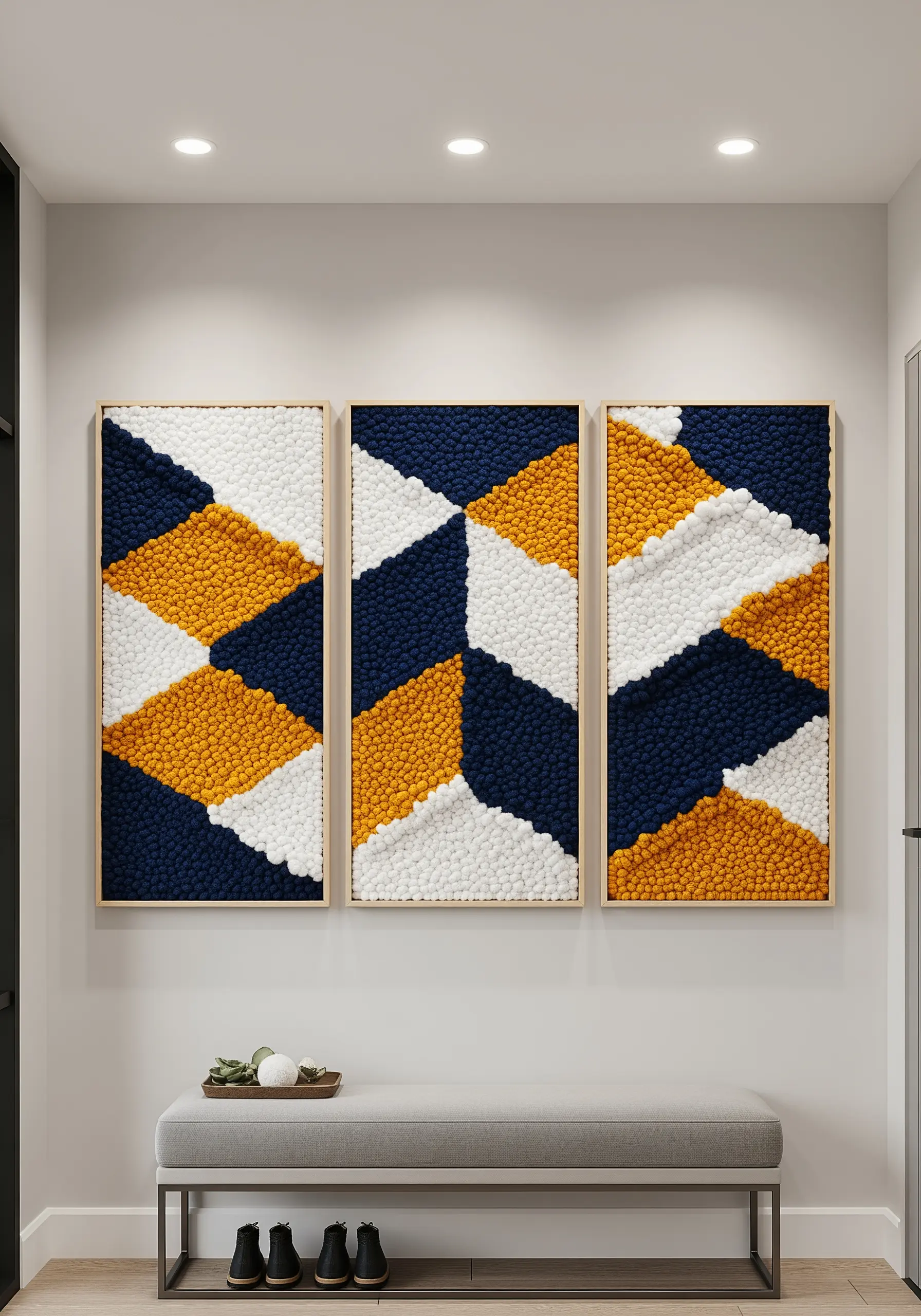 Three framed punch needle art panels with a blue, yellow, and white geometric pattern.
