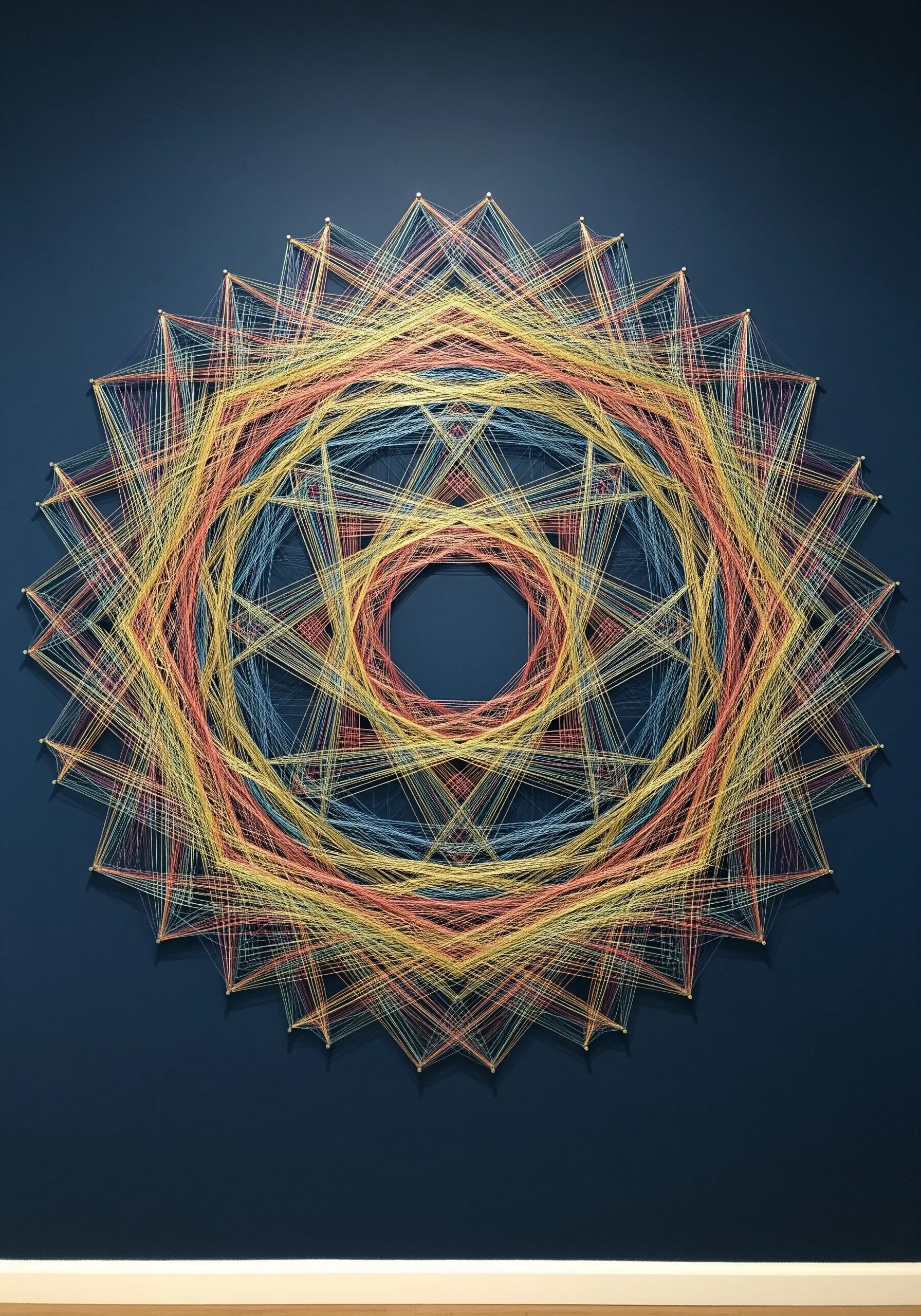 An intricate, circular string art mandala with yellow, red, and blue threads on a dark blue wall.