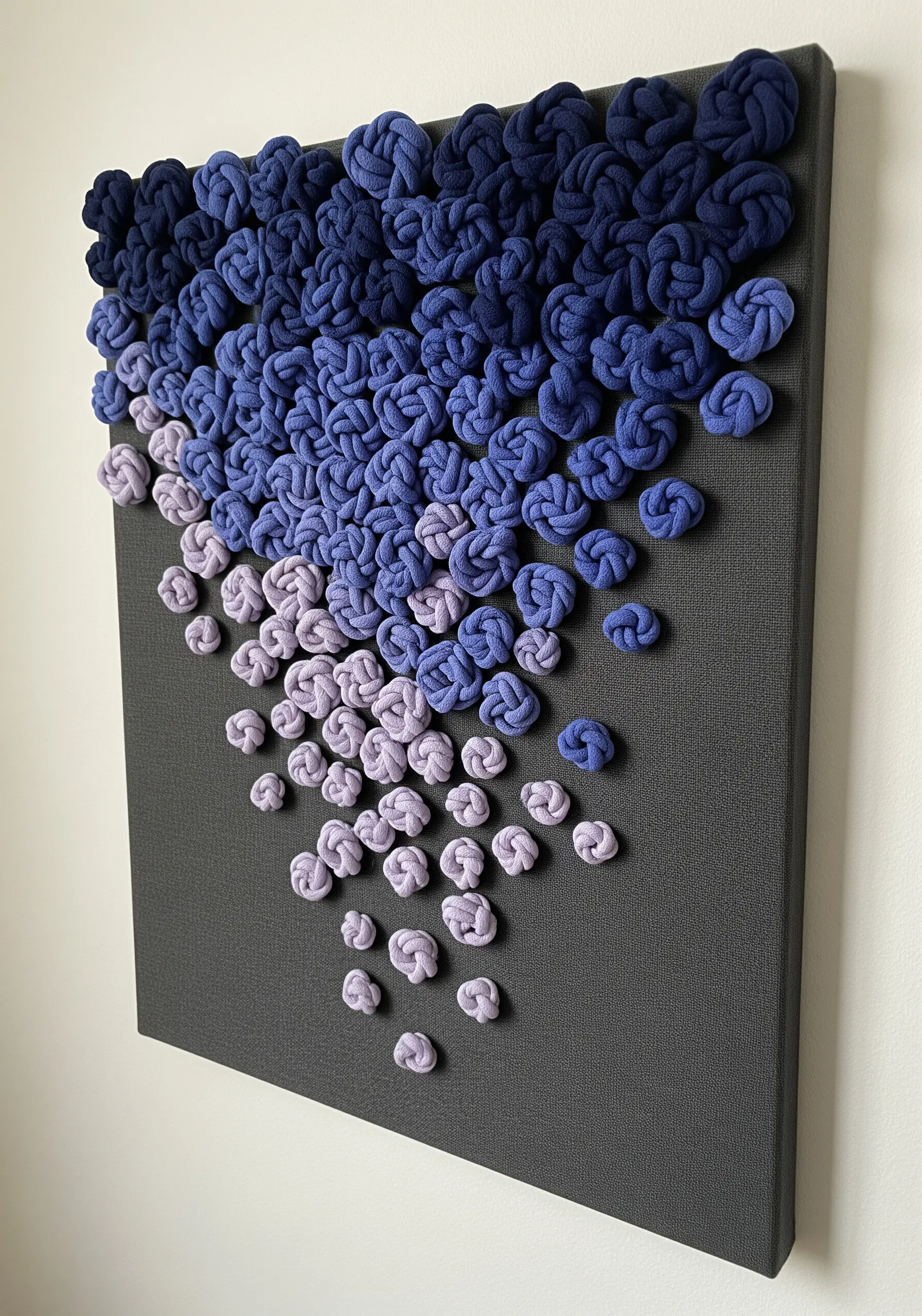 A cascade of blue and lavender Celtic knots arranged in an ombre gradient on a dark canvas.