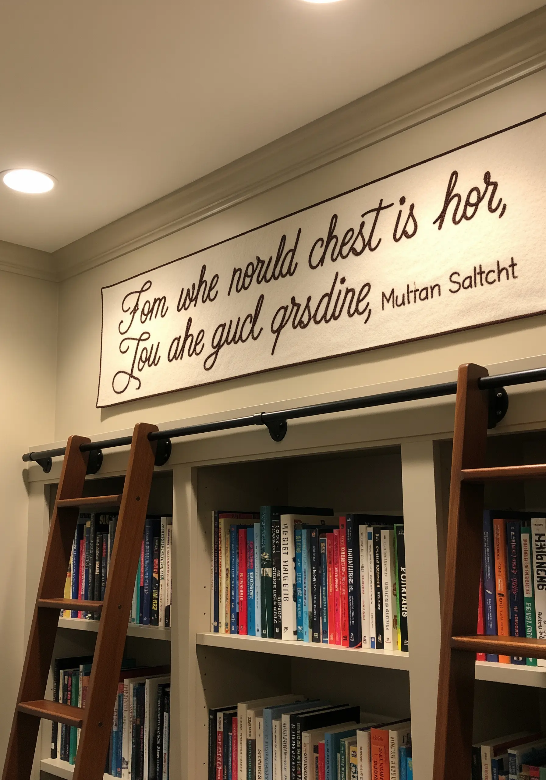 A large, embroidered banner with a literary quote hanging above a bookshelf with a ladder.