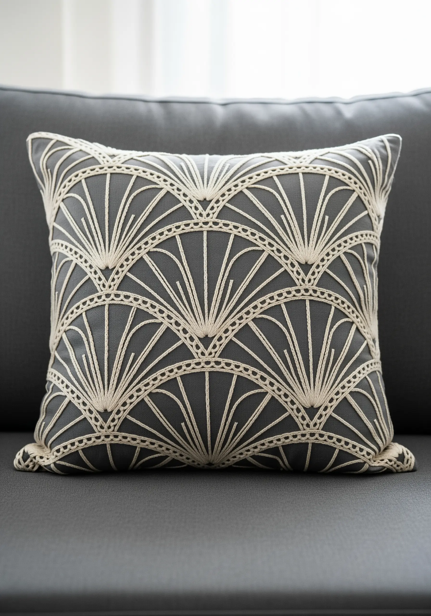 A gray couch cushion with a cream-colored Art Deco fan embroidery pattern.