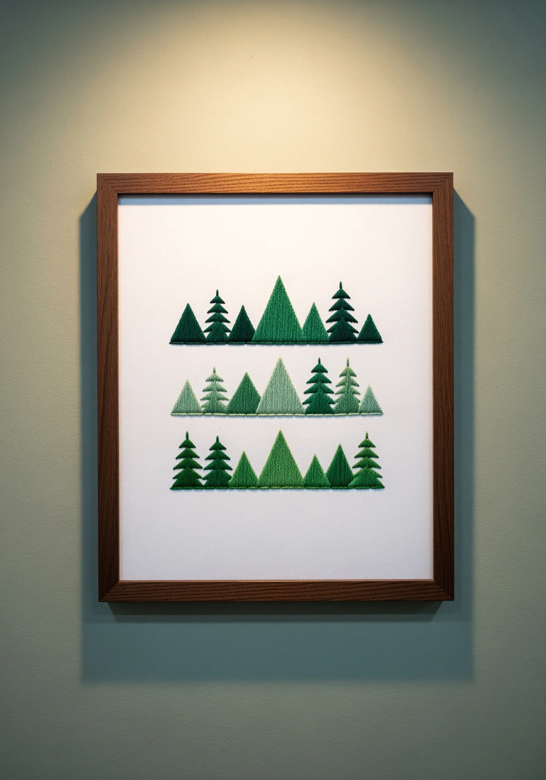 A framed embroidery of graphic green trees in three rows of varying shades of green.