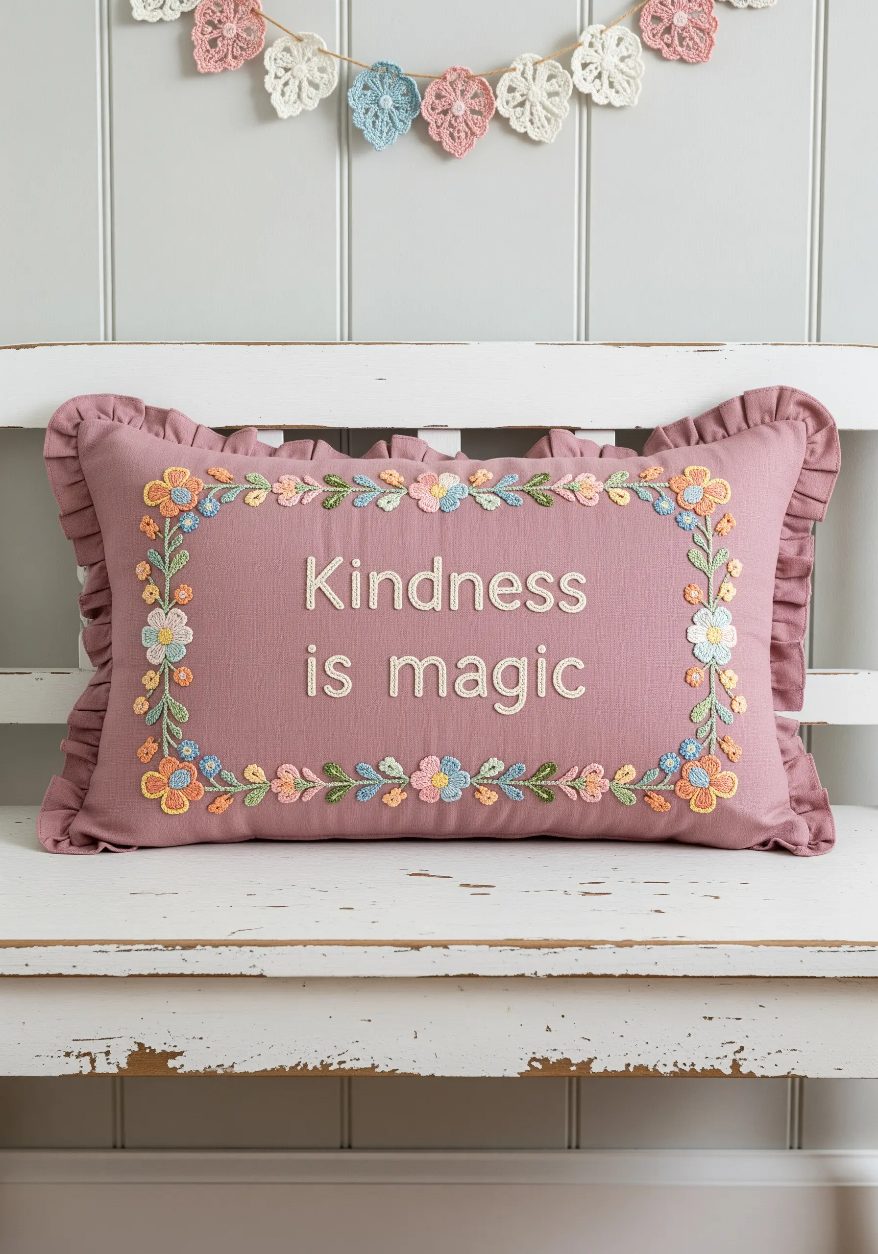 A quote framed by a floral border in a muted, harmonious color palette on a dusty rose pillow.