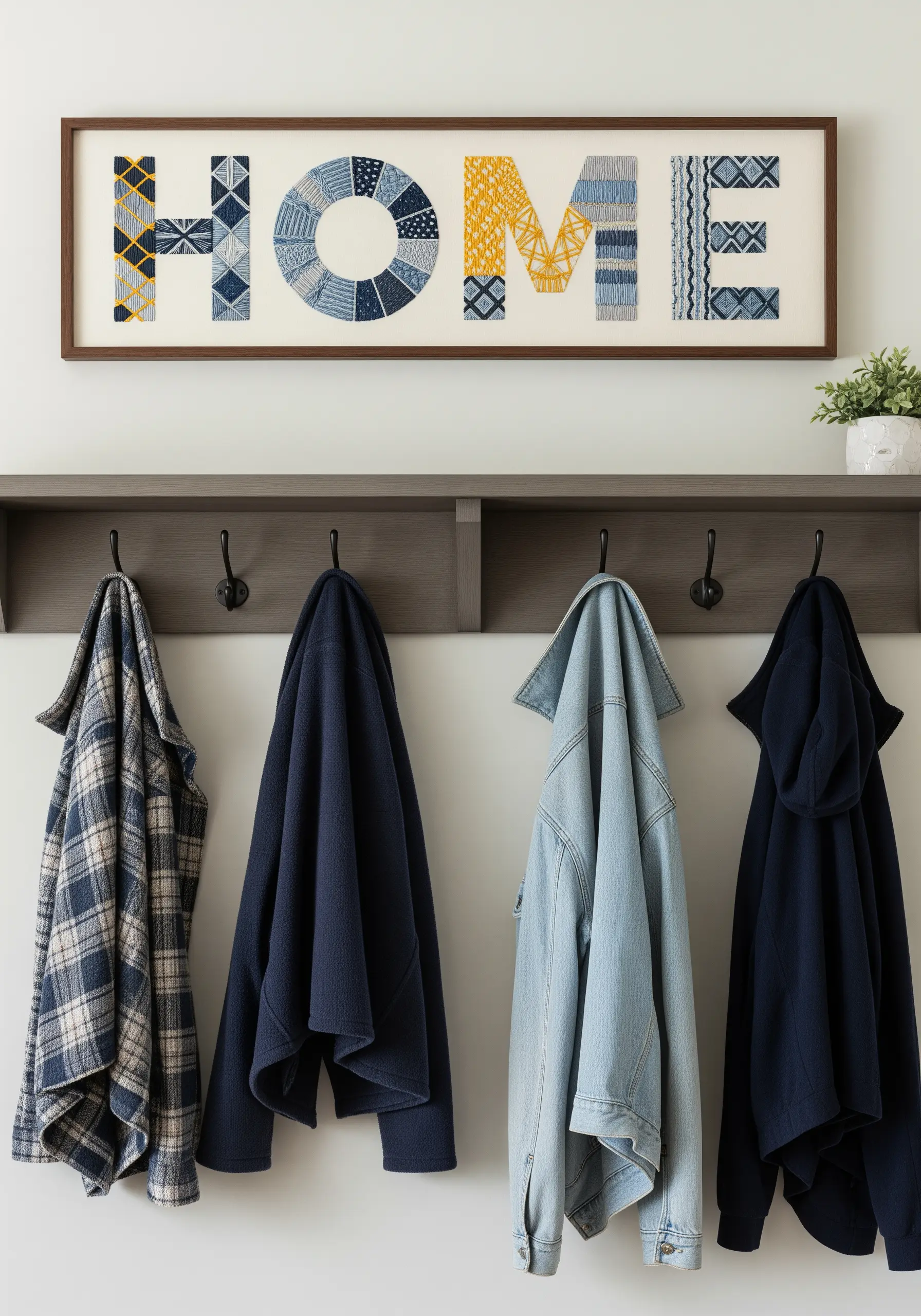 Framed embroidery of the word HOME, with each letter filled with a different blue and yellow pattern.