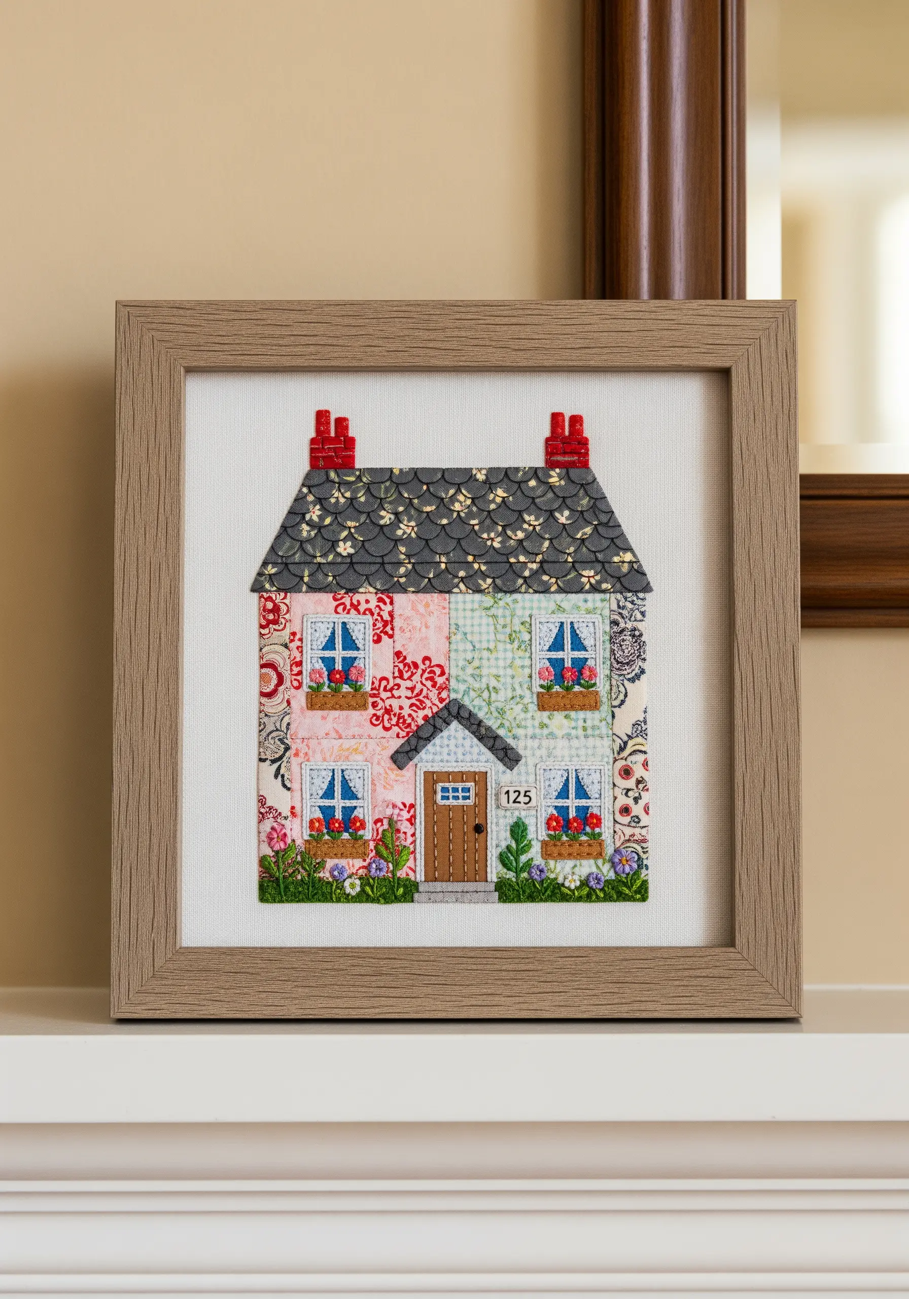 A framed piece of art showing a house made from patterned fabric collage and embroidery.
