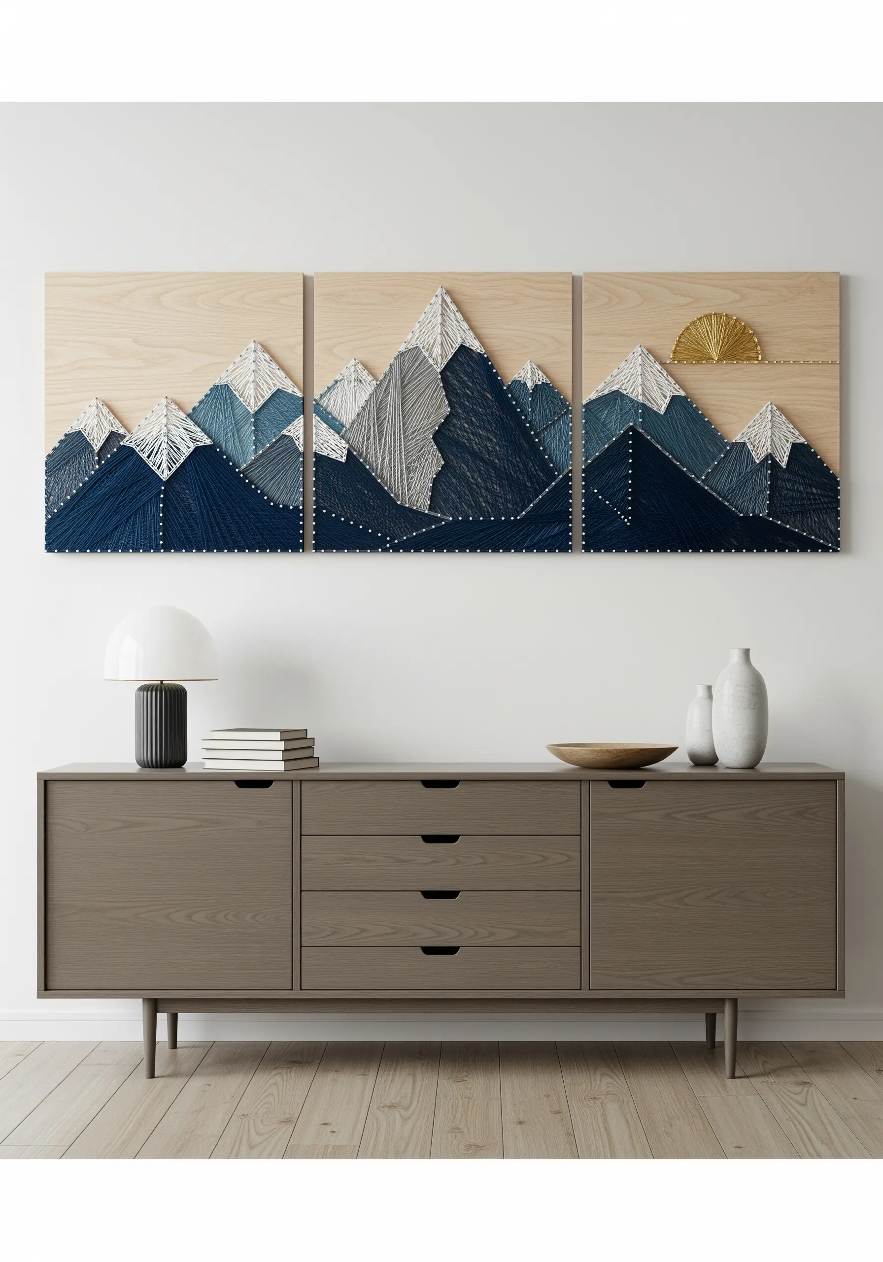 A three-panel embroidery of a mountain range using color blocking in shades of blue and gray.