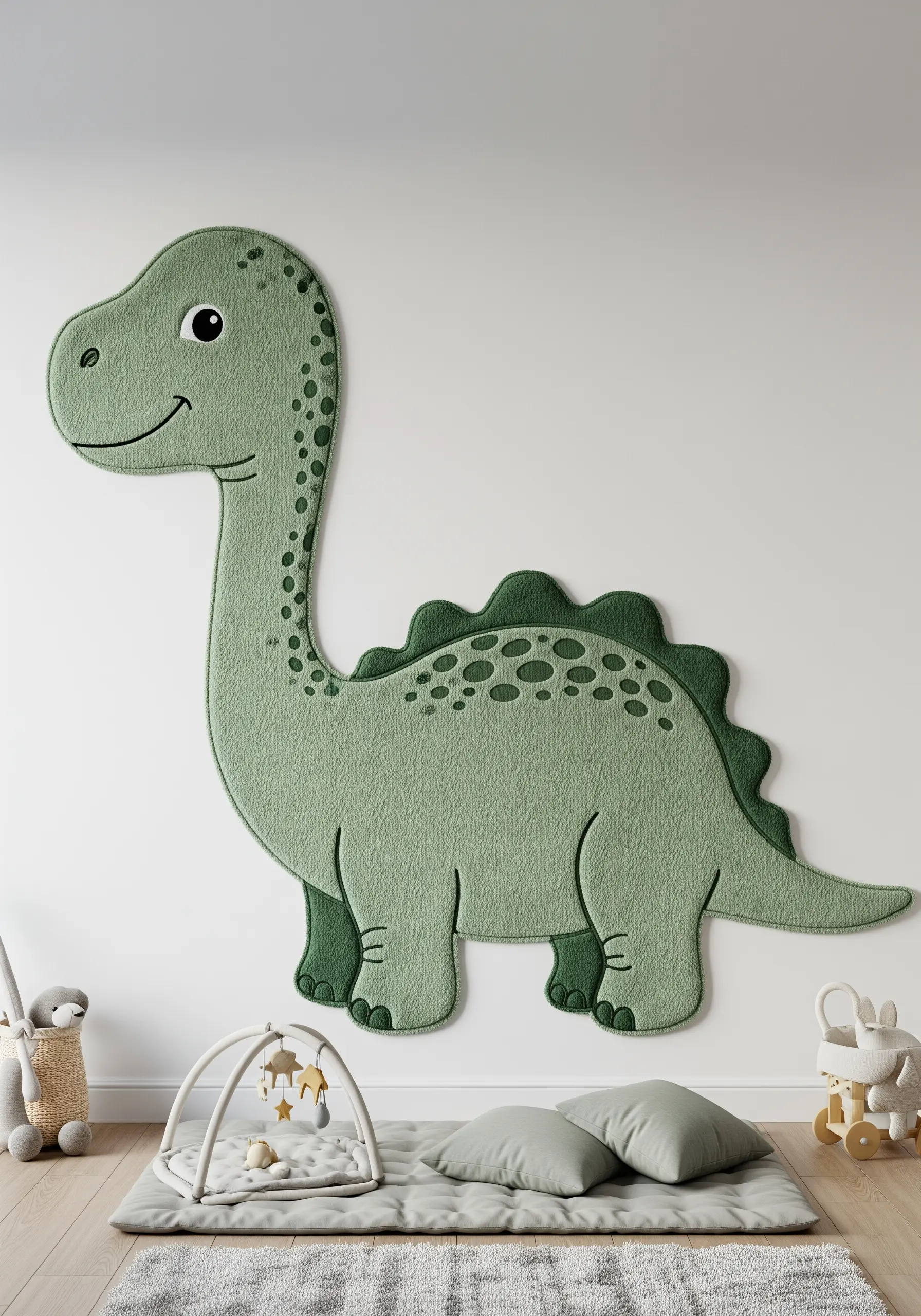 A large, friendly green dinosaur made of felt, mounted directly on a nursery wall.