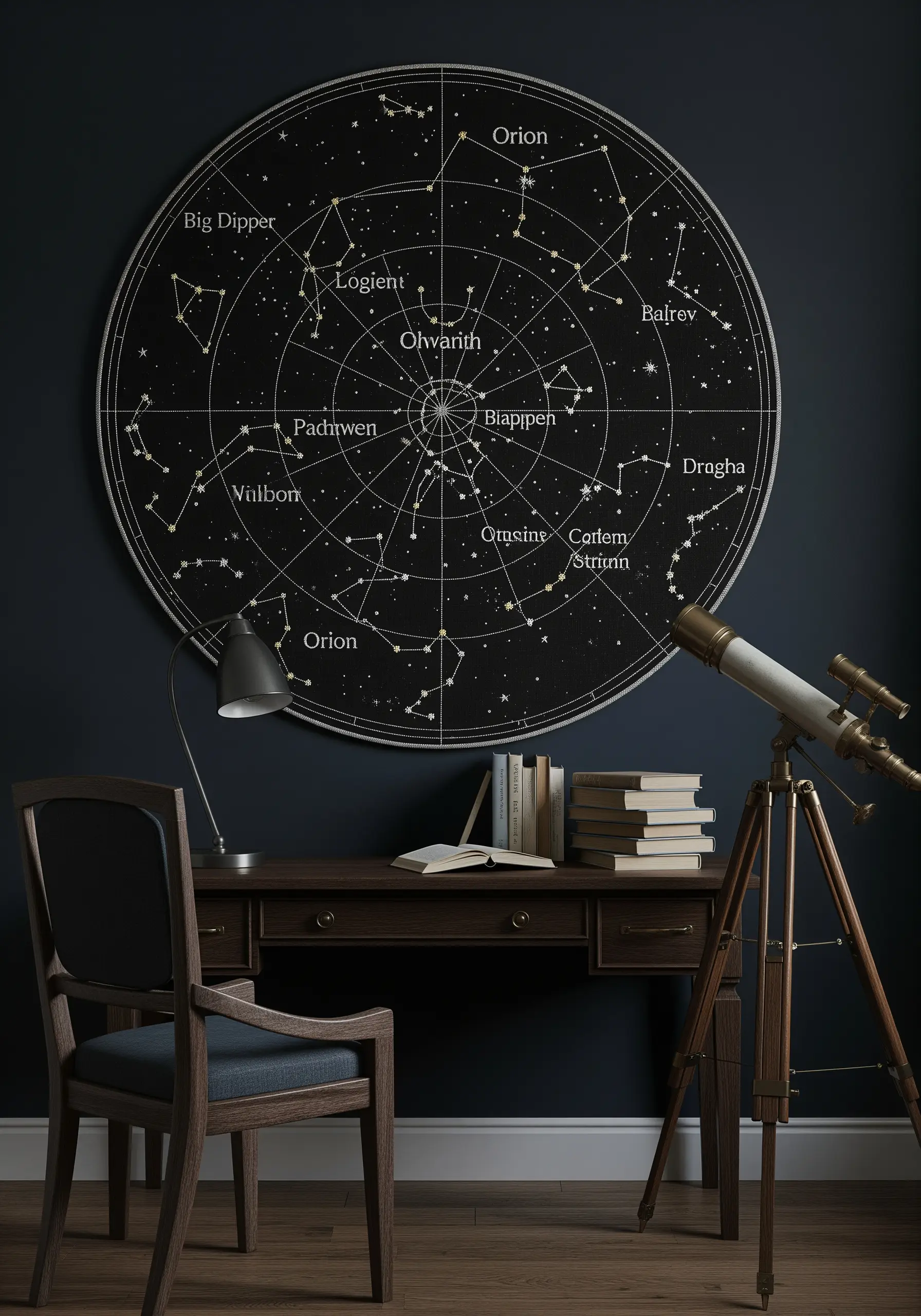 A very large, circular embroidered star chart hanging on a dark wall.