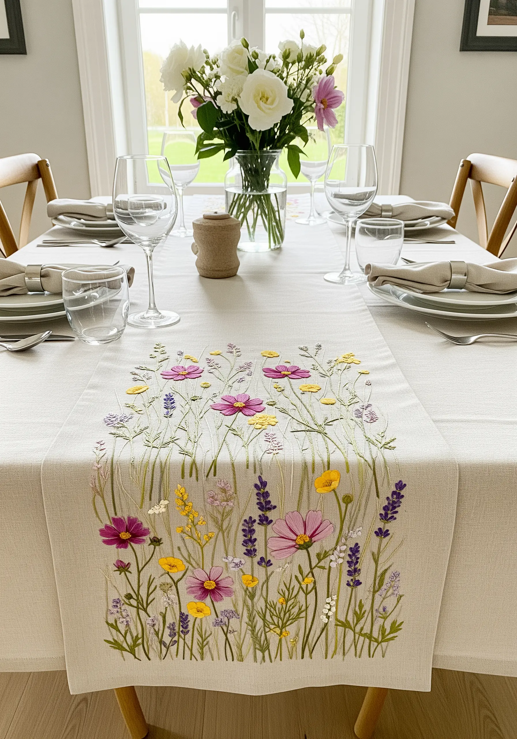 An embroidered table runner with a vibrant wildflower meadow design.