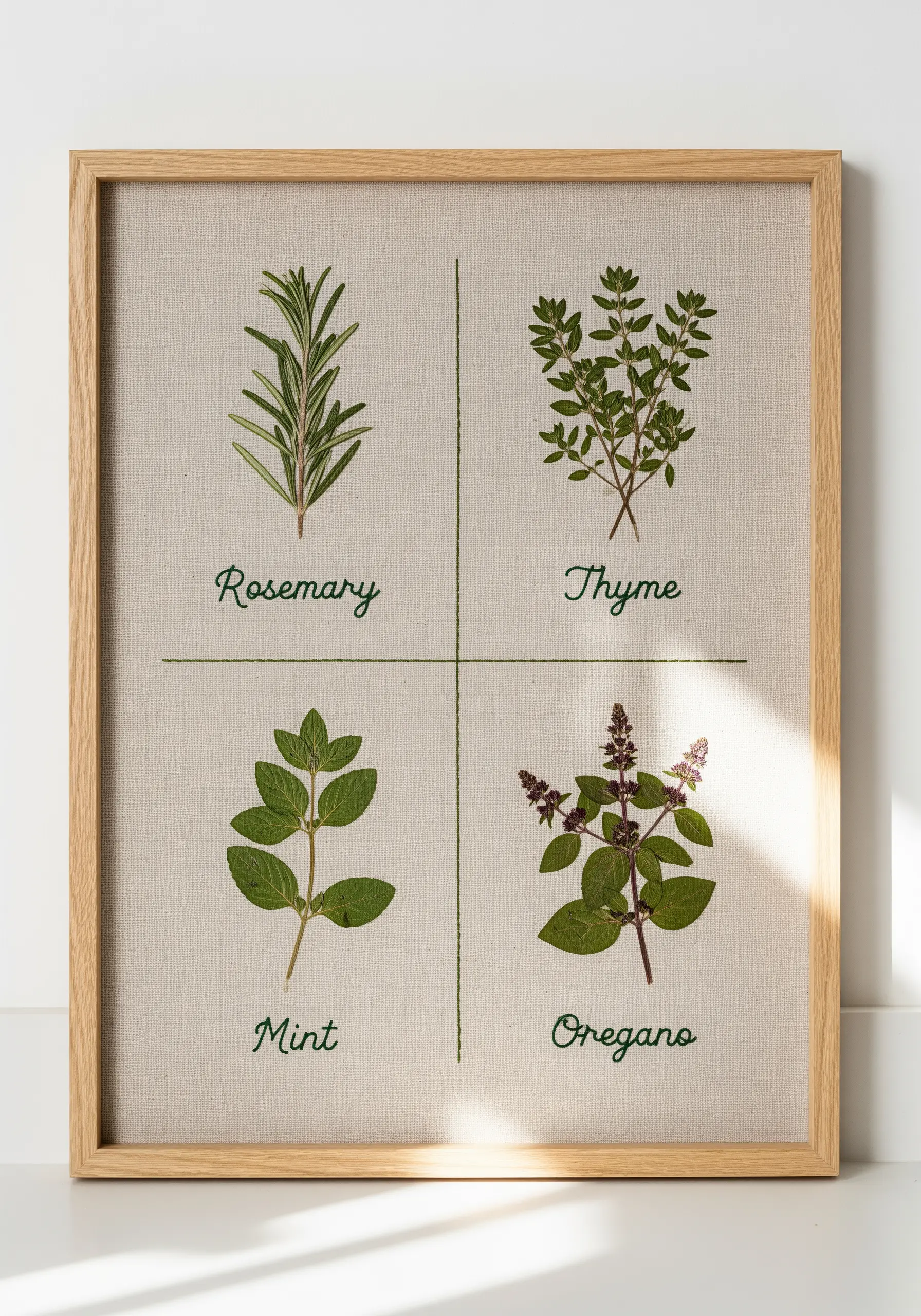 Framed sampler with pressed rosemary, thyme, mint, and oregano.
