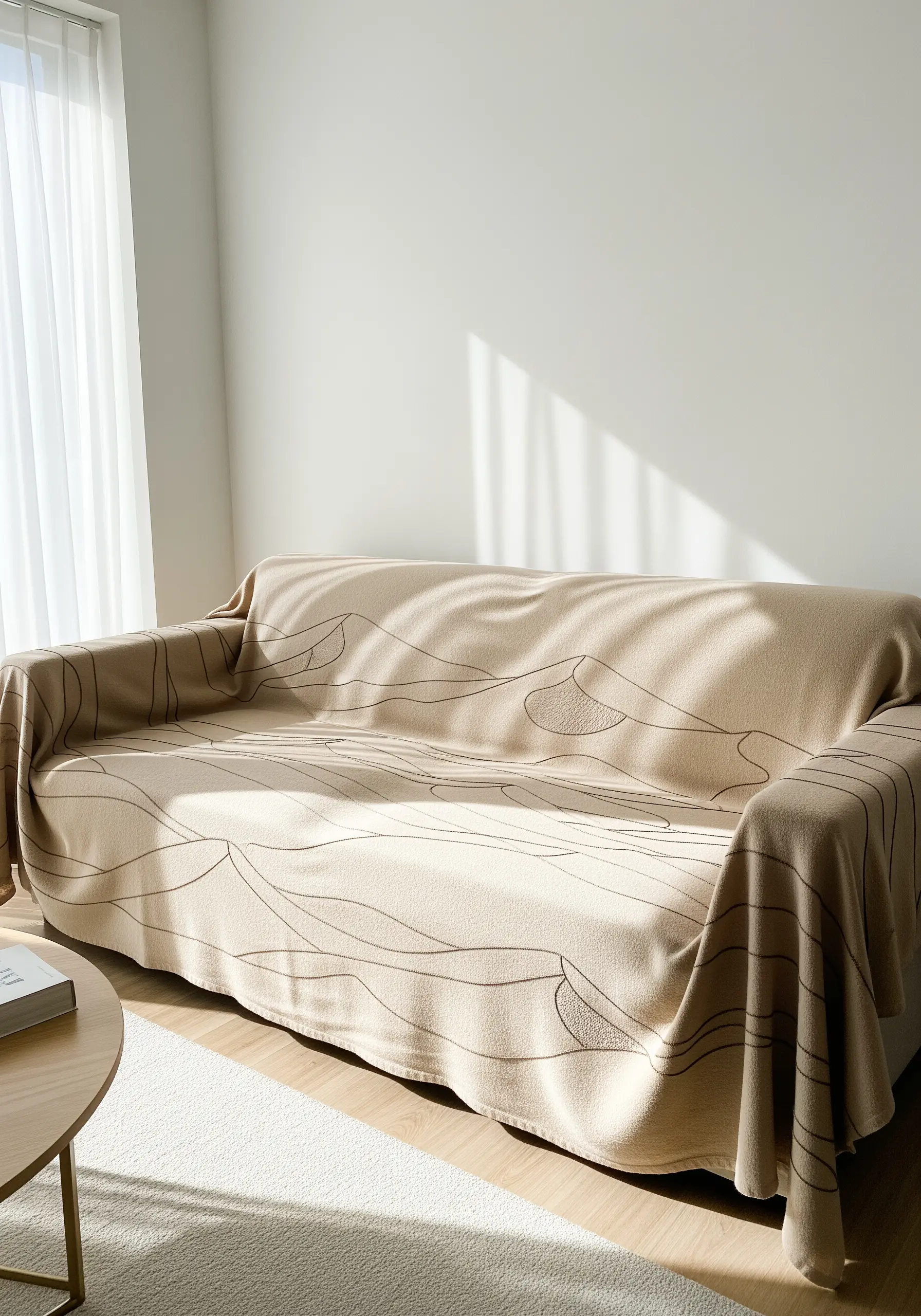 A neutral beige throw blanket draped over a sofa with subtle, embroidered wavy lines.