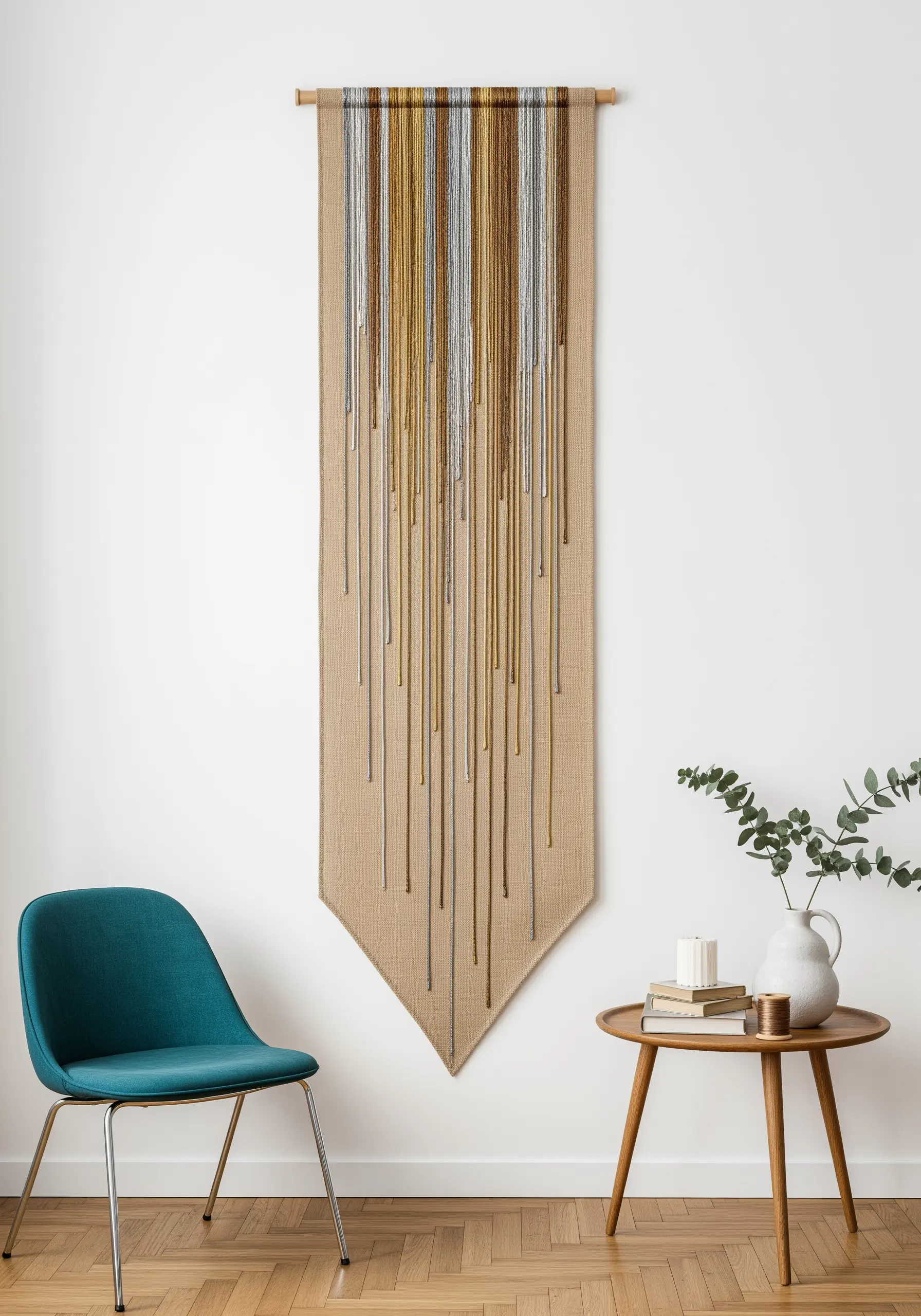 A long wall hanging made of vertical strands of gold, silver, and bronze metallic threads.