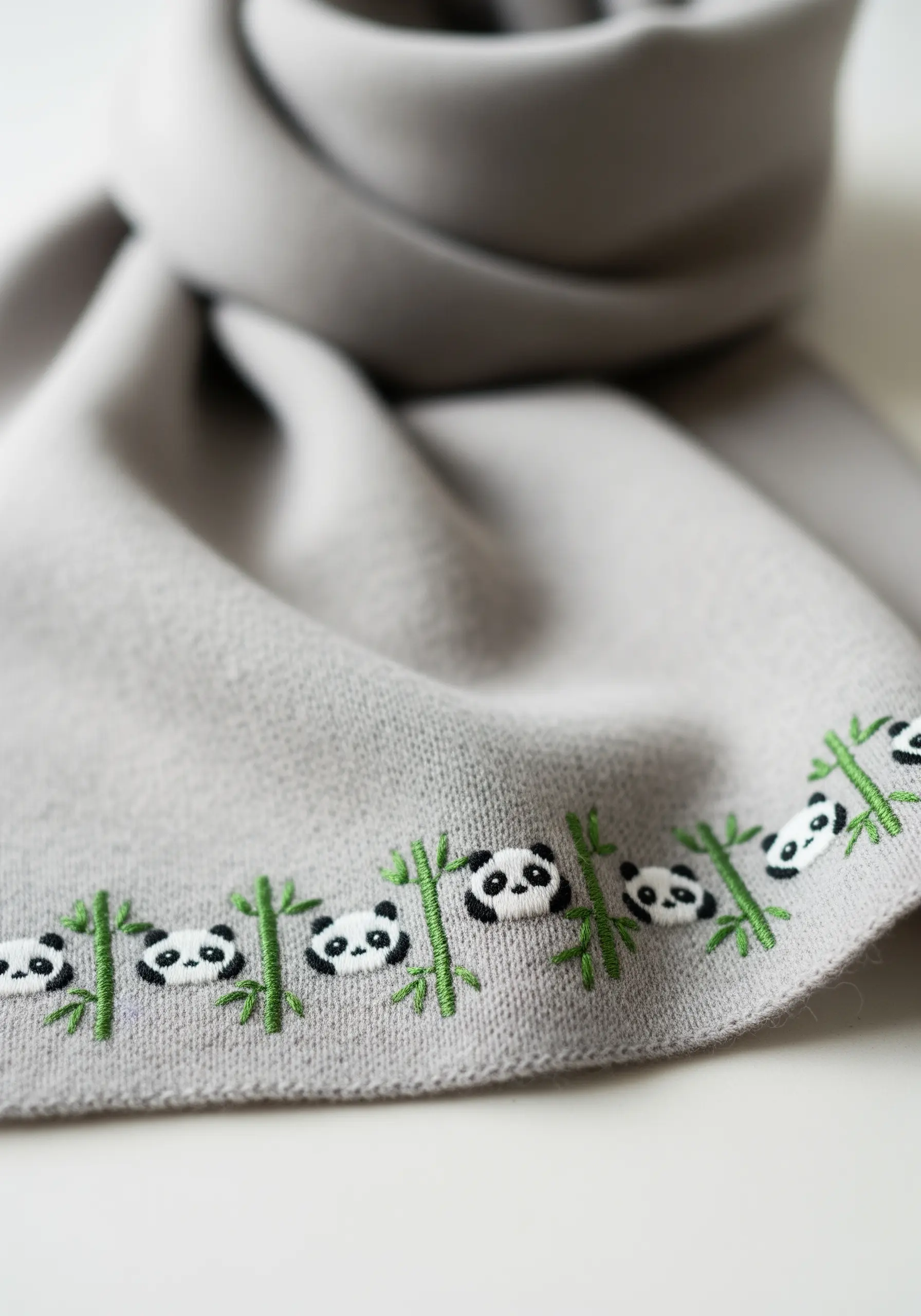 A repeating border of tiny pandas and bamboo stalks embroidered on the edge of a grey scarf.