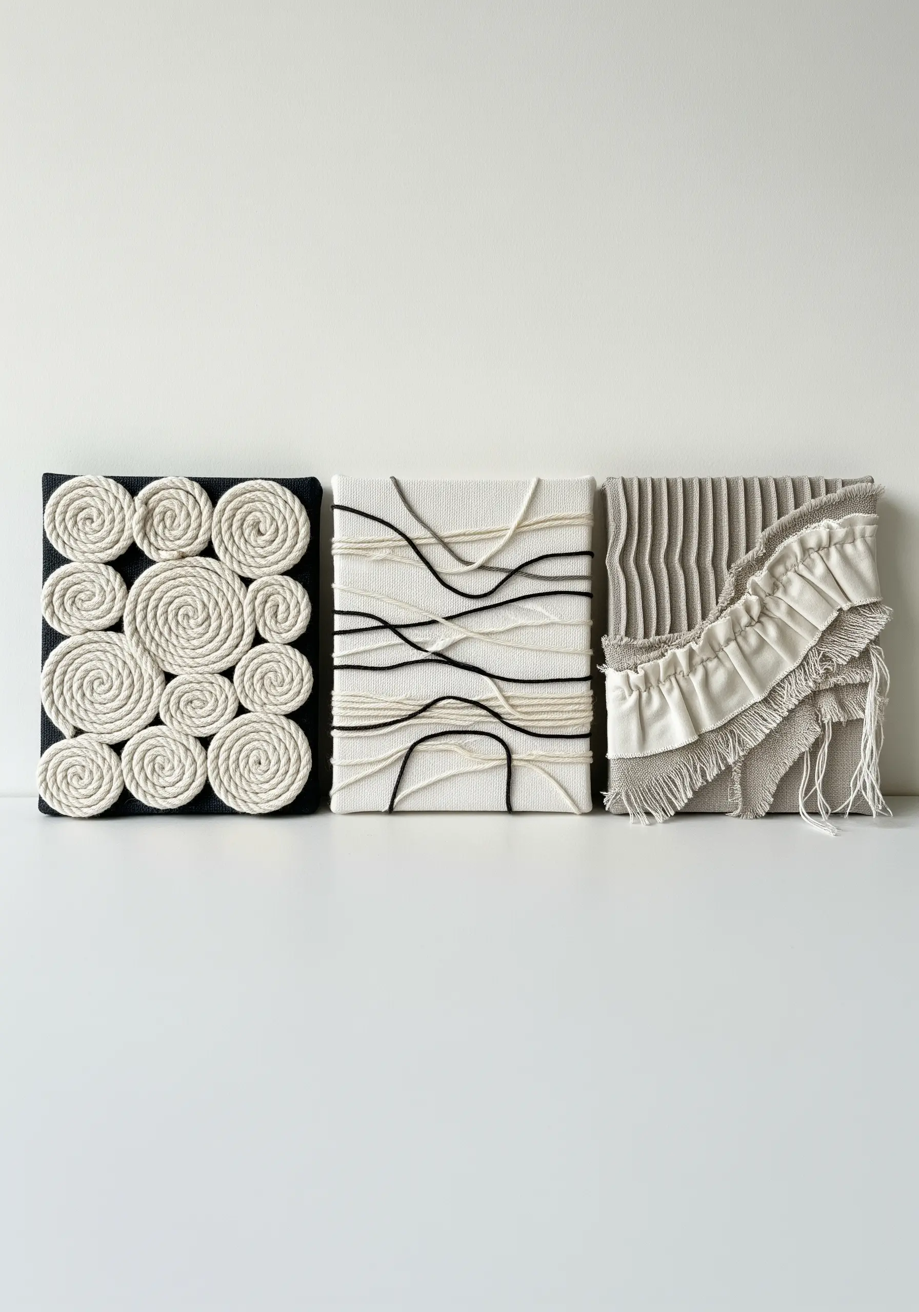 A triptych of minimalist canvas art using coiled rope, threads, and pleated fabric.