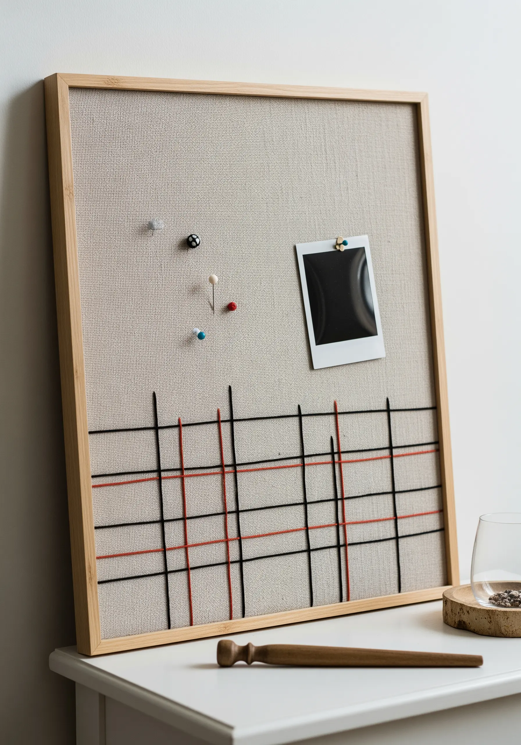 A fabric-covered pinboard with a grid of black and red threads at the bottom.
