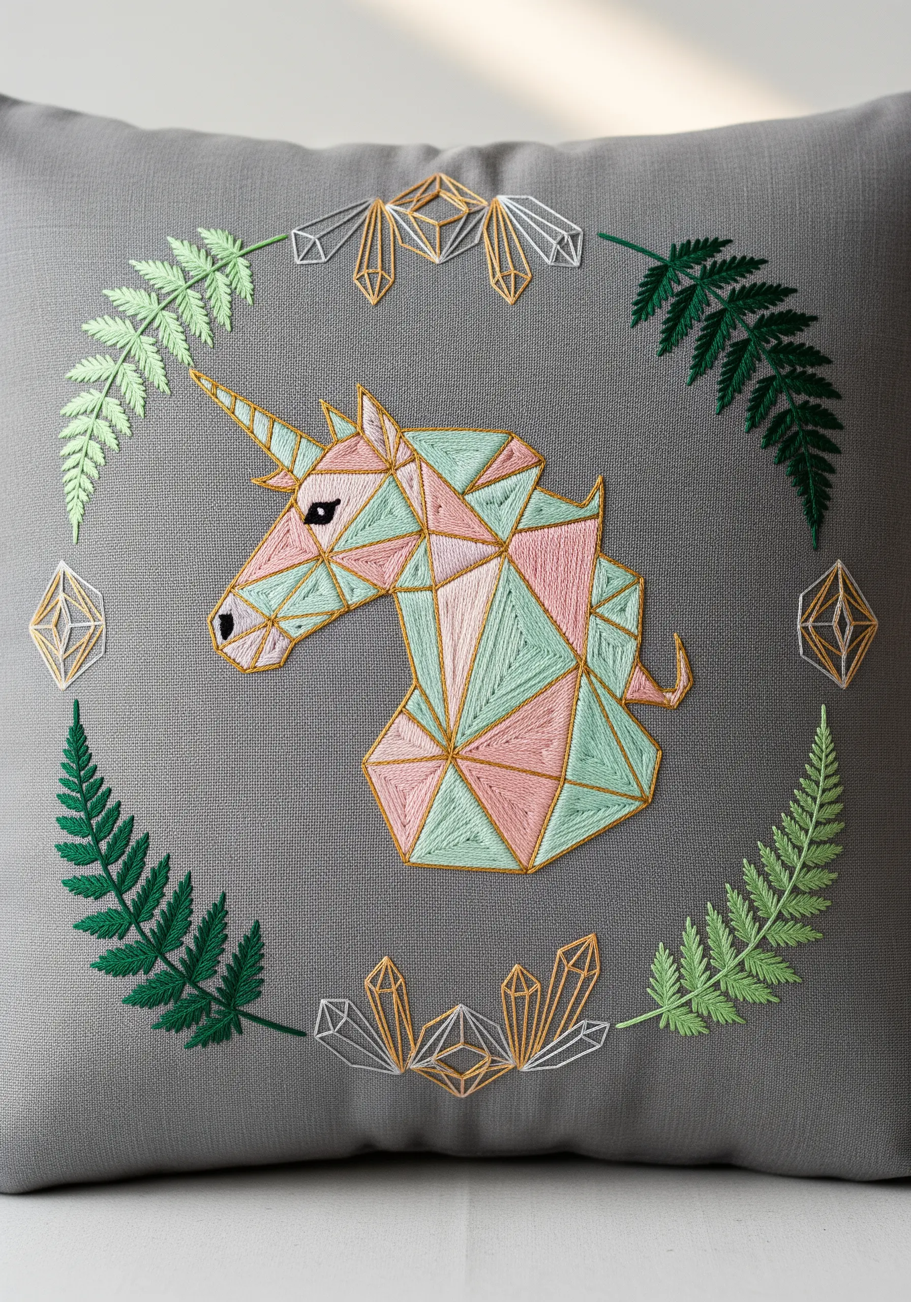 Geometric unicorn head filled with pink and mint satin stitch on a gray pillow.
