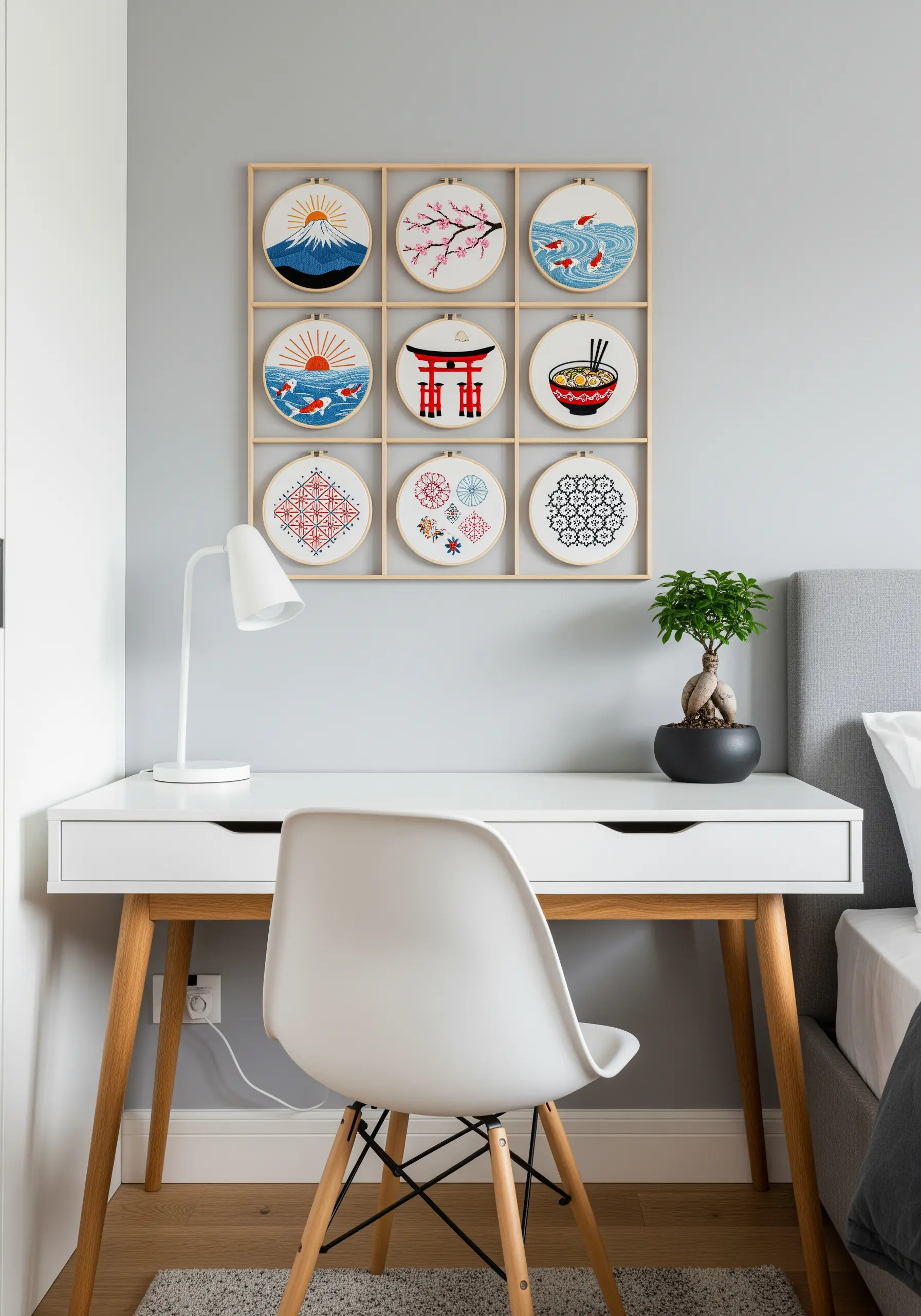 A 3x3 grid of nine Japan-themed embroidery hoops displayed above a modern desk.