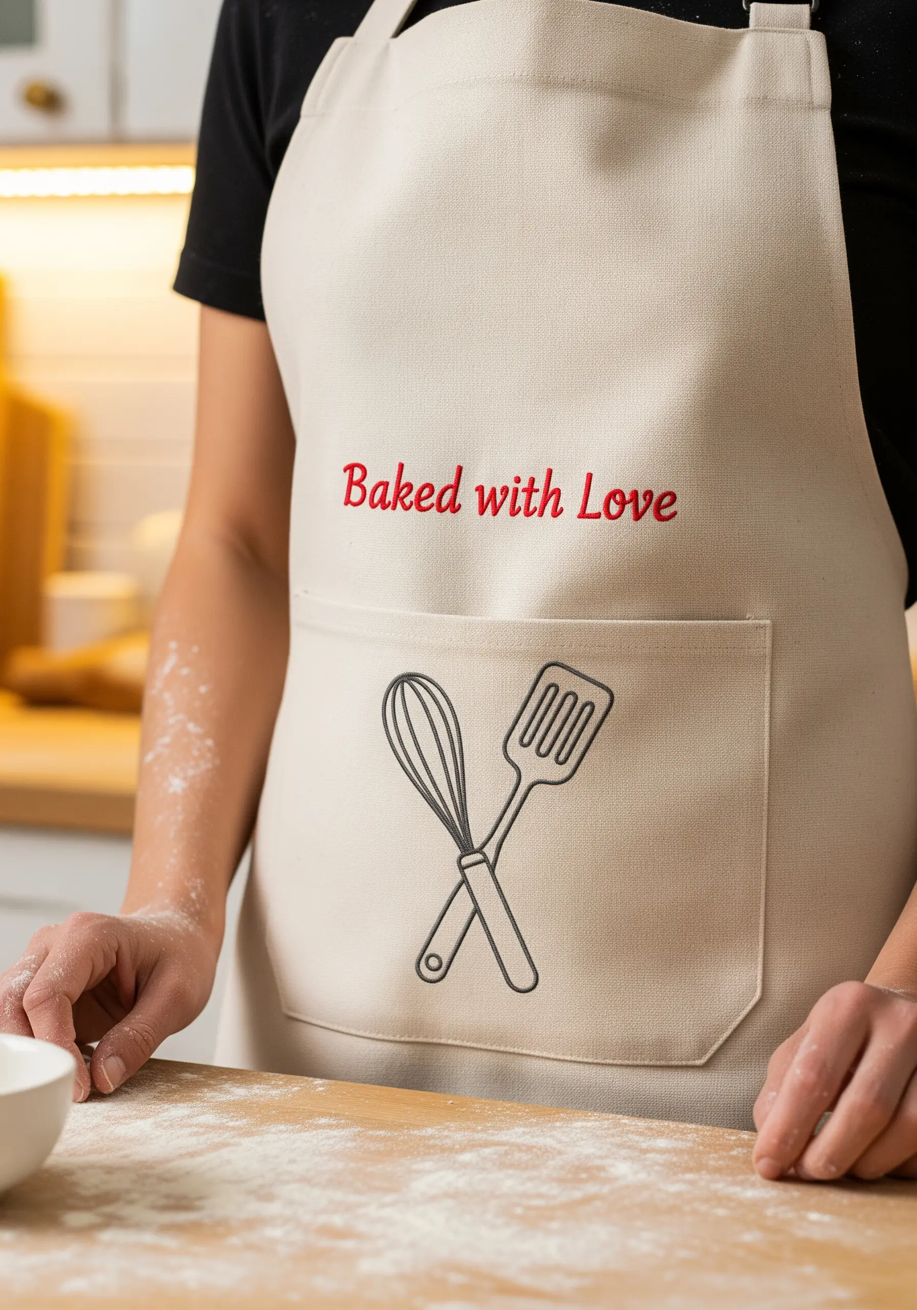 A cream-colored apron with 'Baked with Love' text and line art of a whisk and spatula.