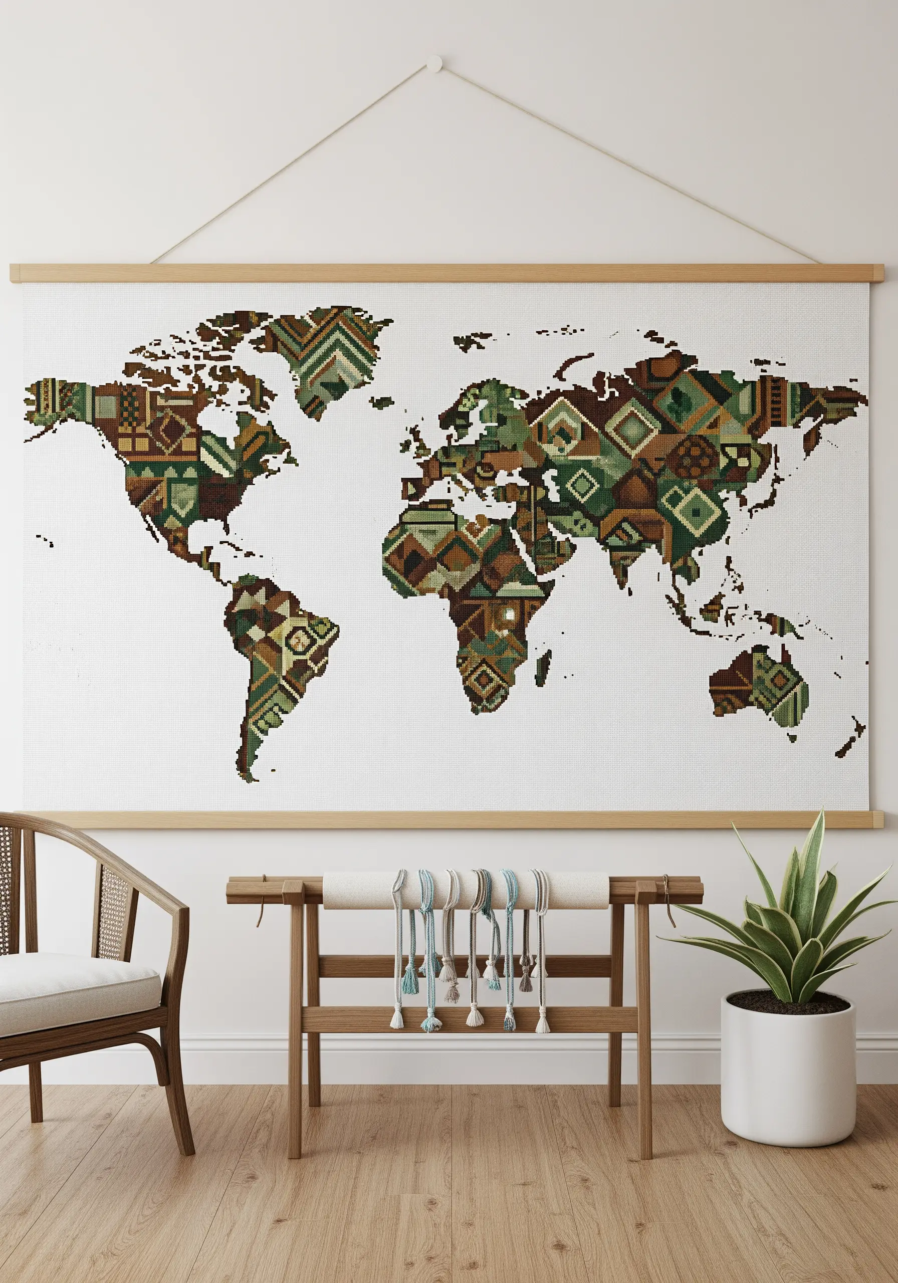 A large wall tapestry of a world map, with each continent filled with different cross-stitch patterns.