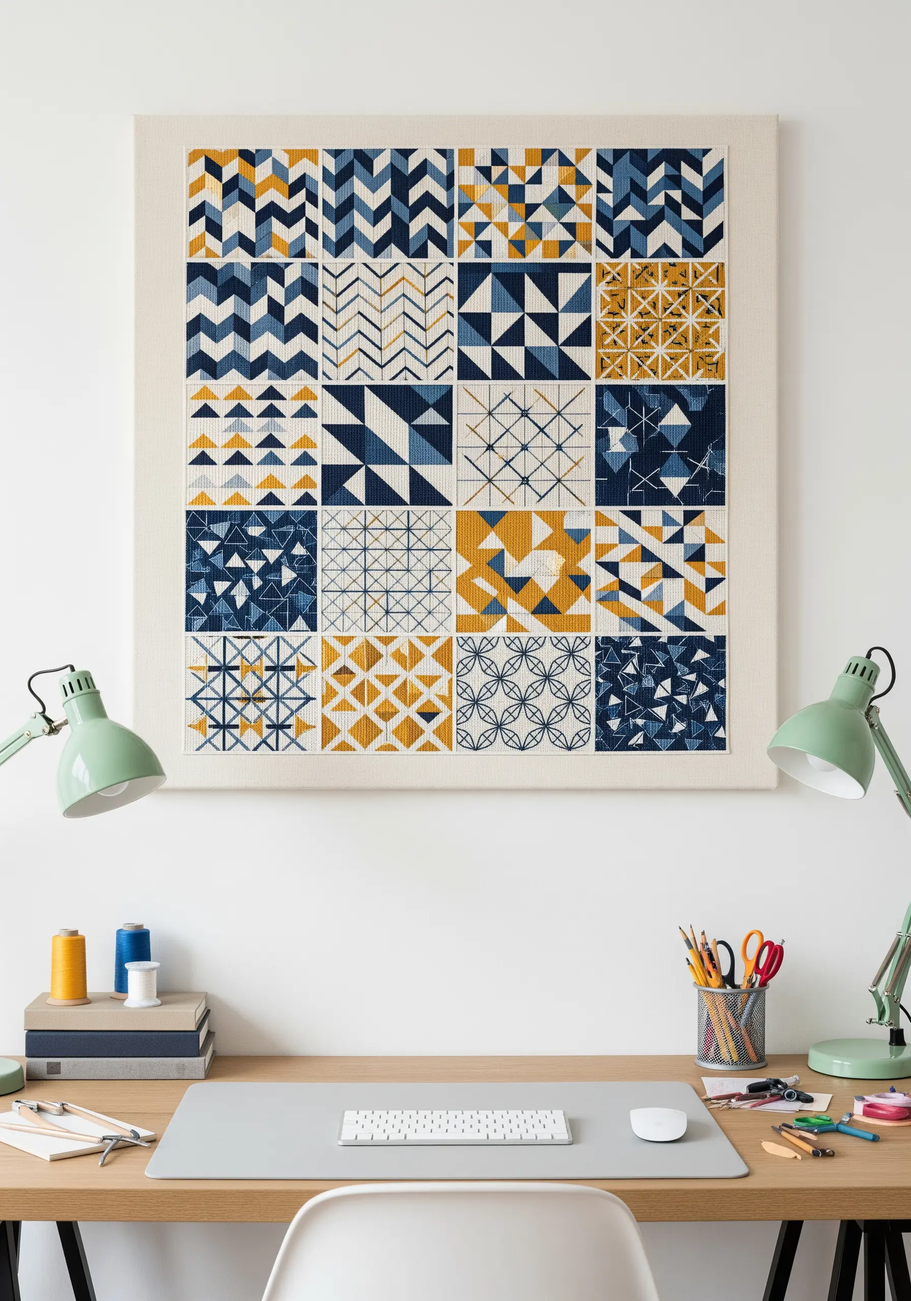 A large canvas featuring a grid of 16 squares, each filled with a different geometric pattern.