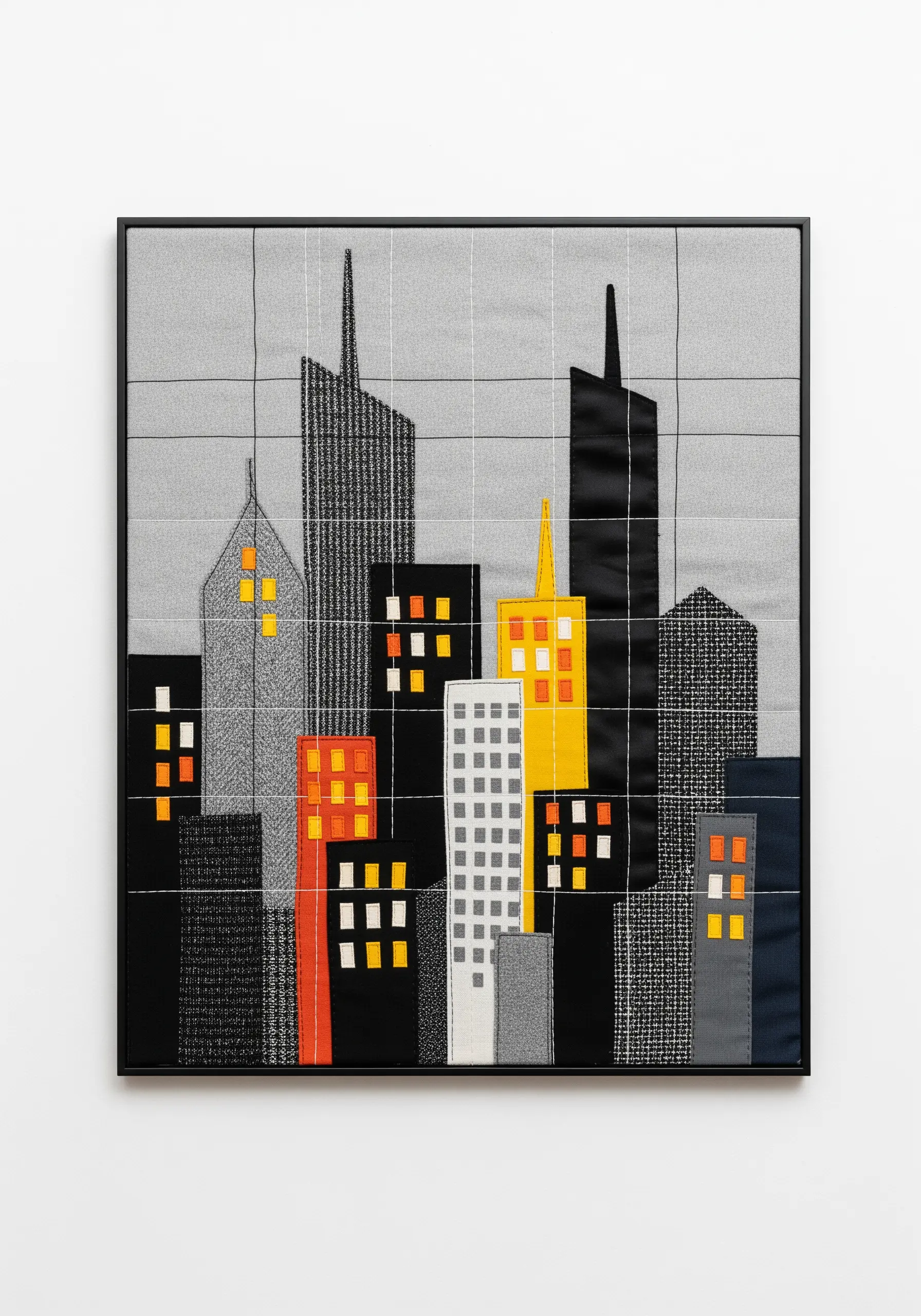 Geometric fabric collage of a city skyline with minimal stitched details.