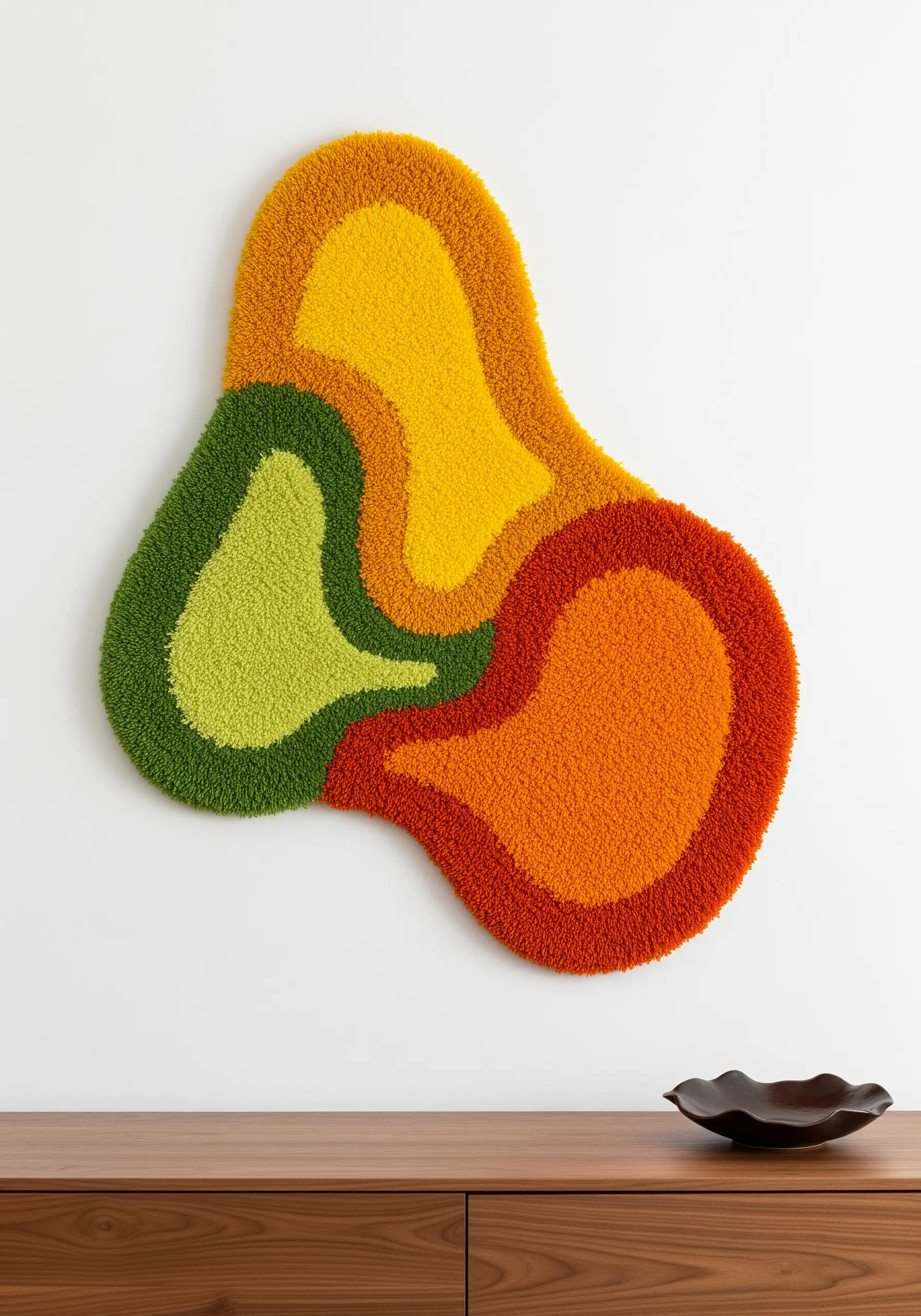 Abstract, amoeba-shaped tufted wall art with color-blocked sections in orange, yellow, and green.