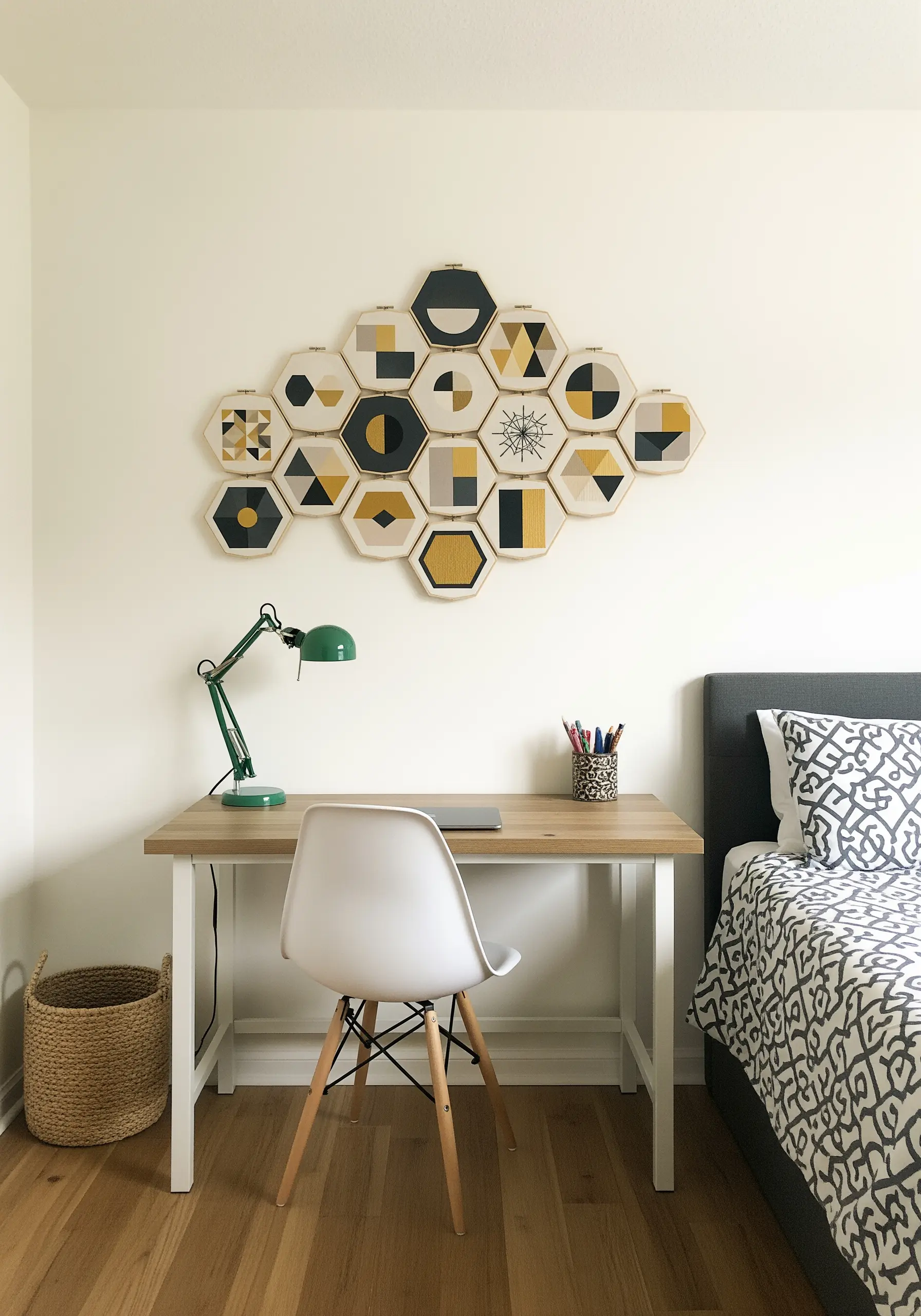 A collection of hexagon-shaped embroidery hoops with geometric patterns forming a large wall display.