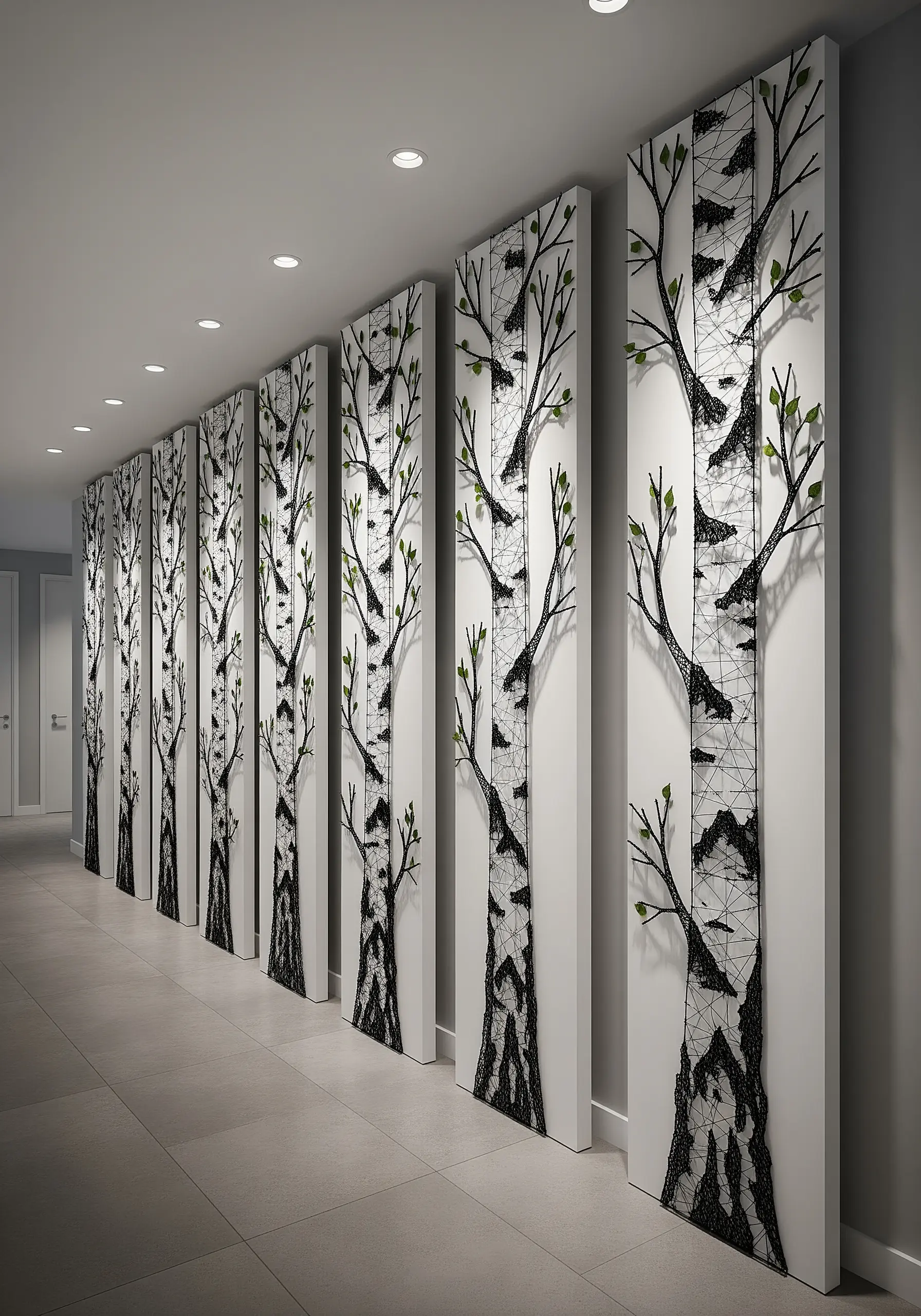 A hallway lined with multiple tall, white panels featuring string art birch trees.