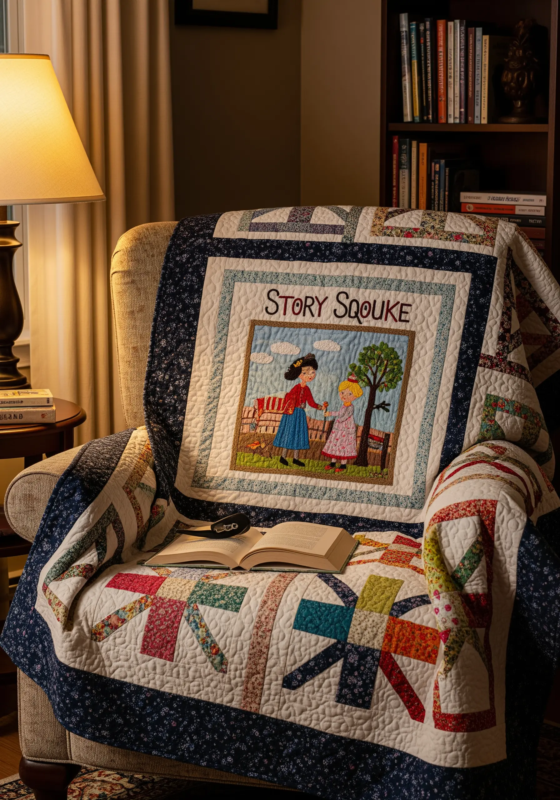 Quilted blanket with a central embroidered panel depicting a mother and child.