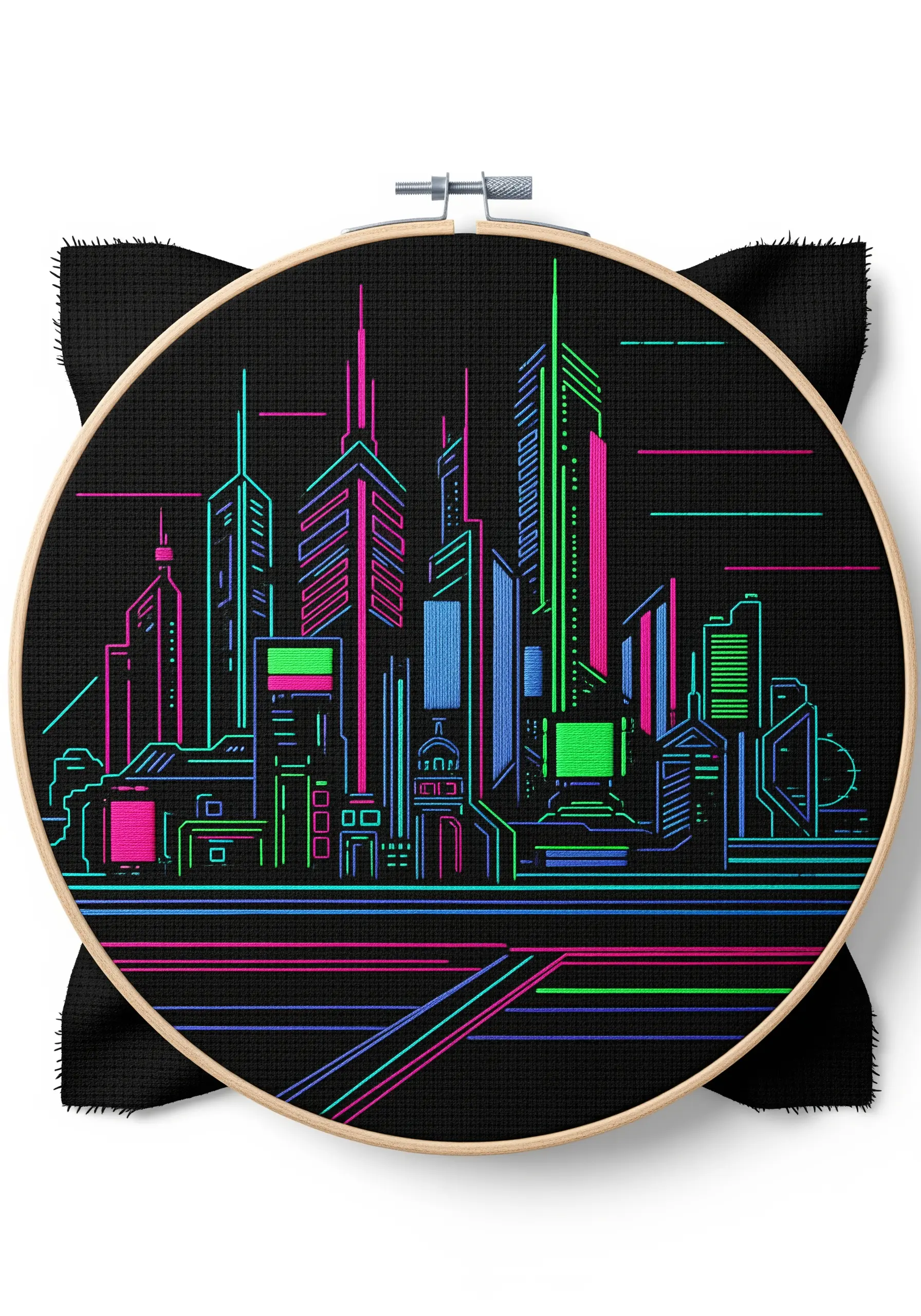 A neon-colored outline of a futuristic city skyline stitched on black fabric.
