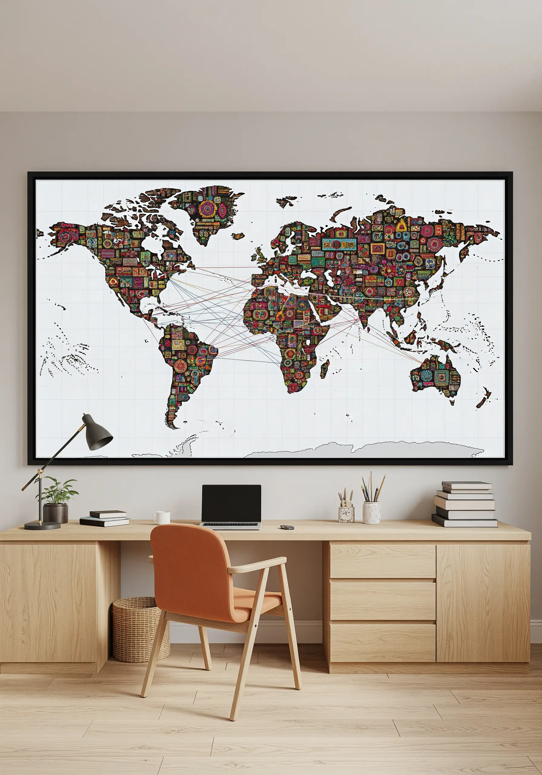 A large, framed world map where the continents are filled with colorful embroidered patterns.