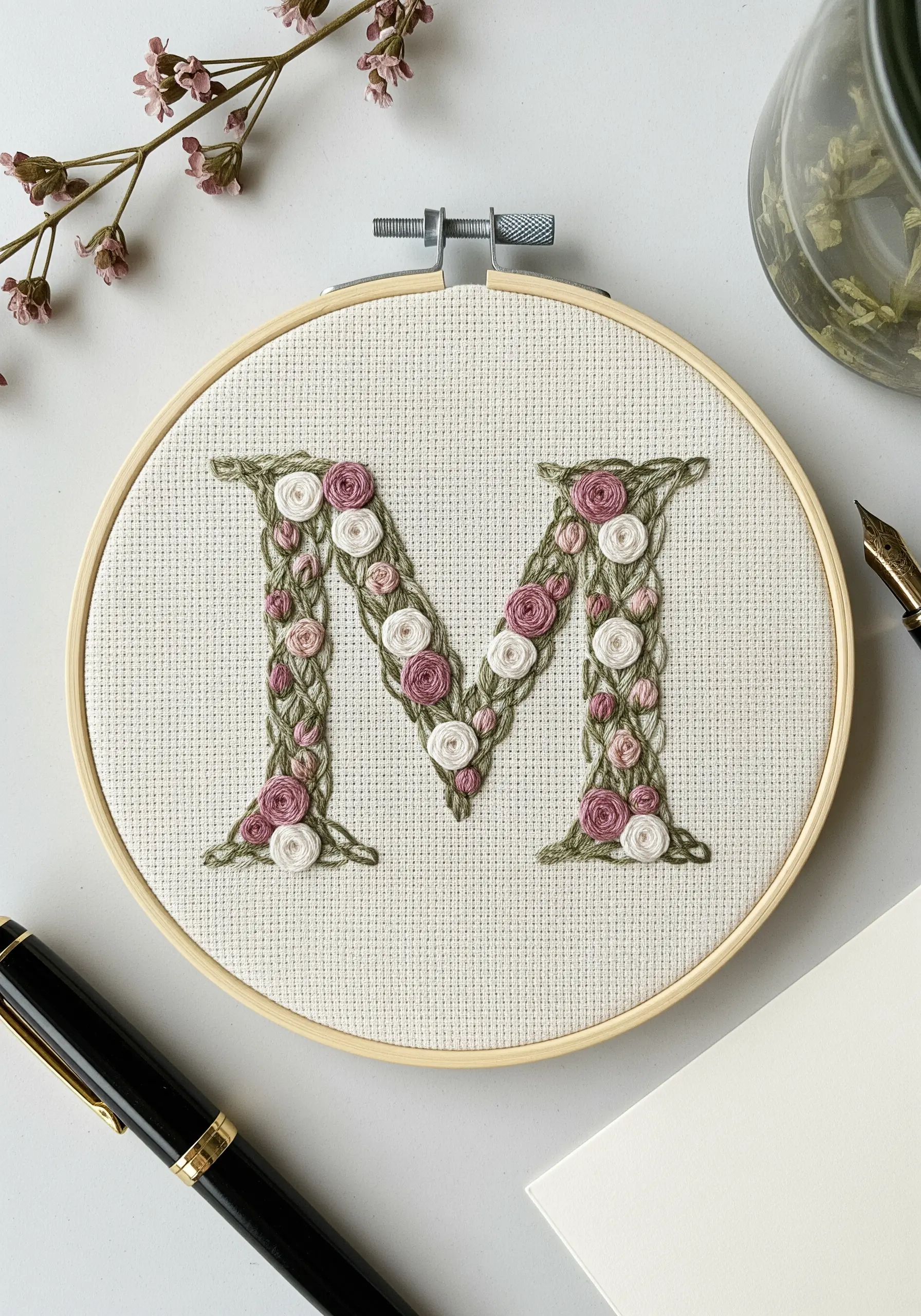 The letter 'M' embroidered with tiny pink and white roses and green leaves.
