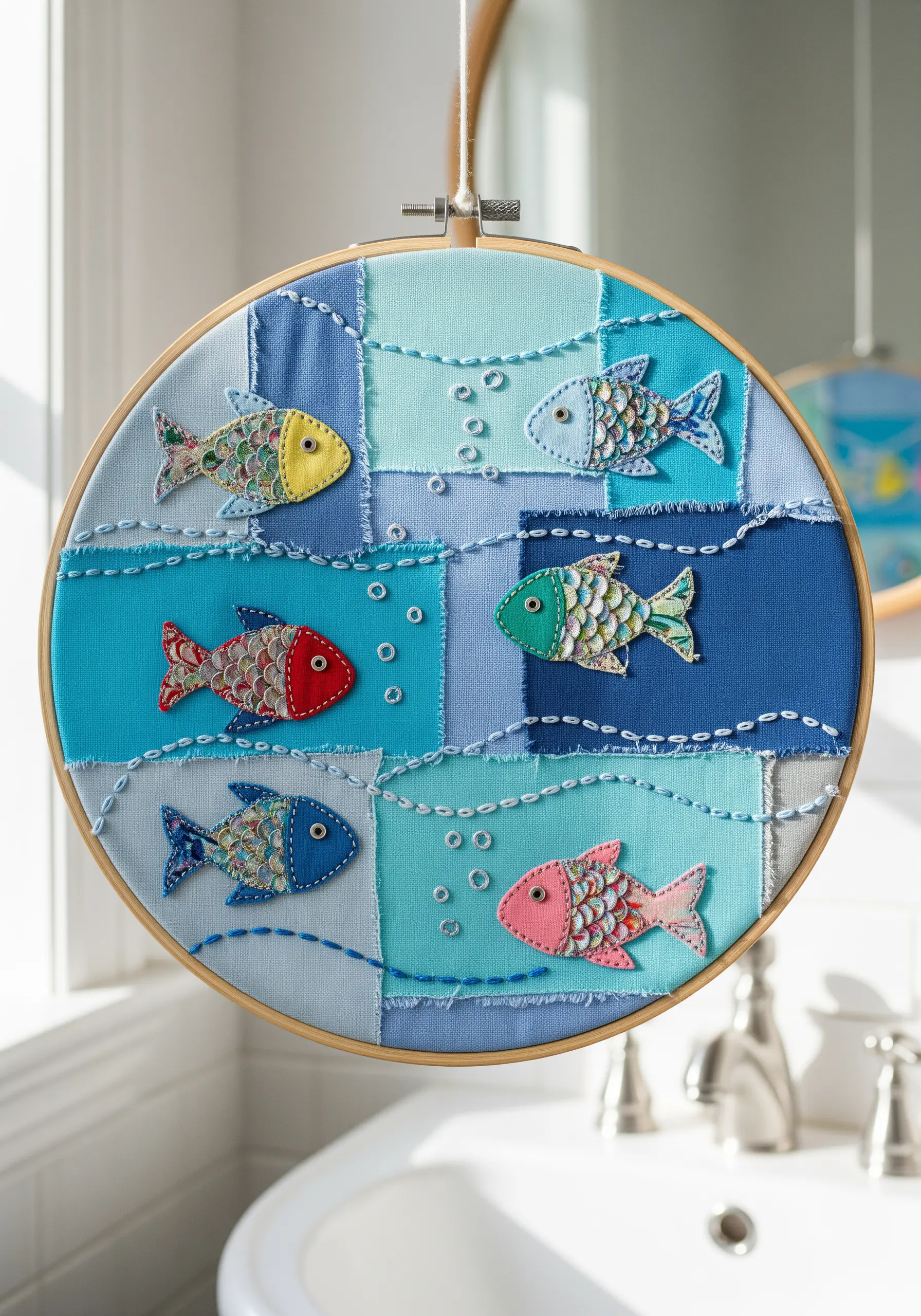 Hoop art with a patchwork blue background, appliqué fish, and decorative running stitches.