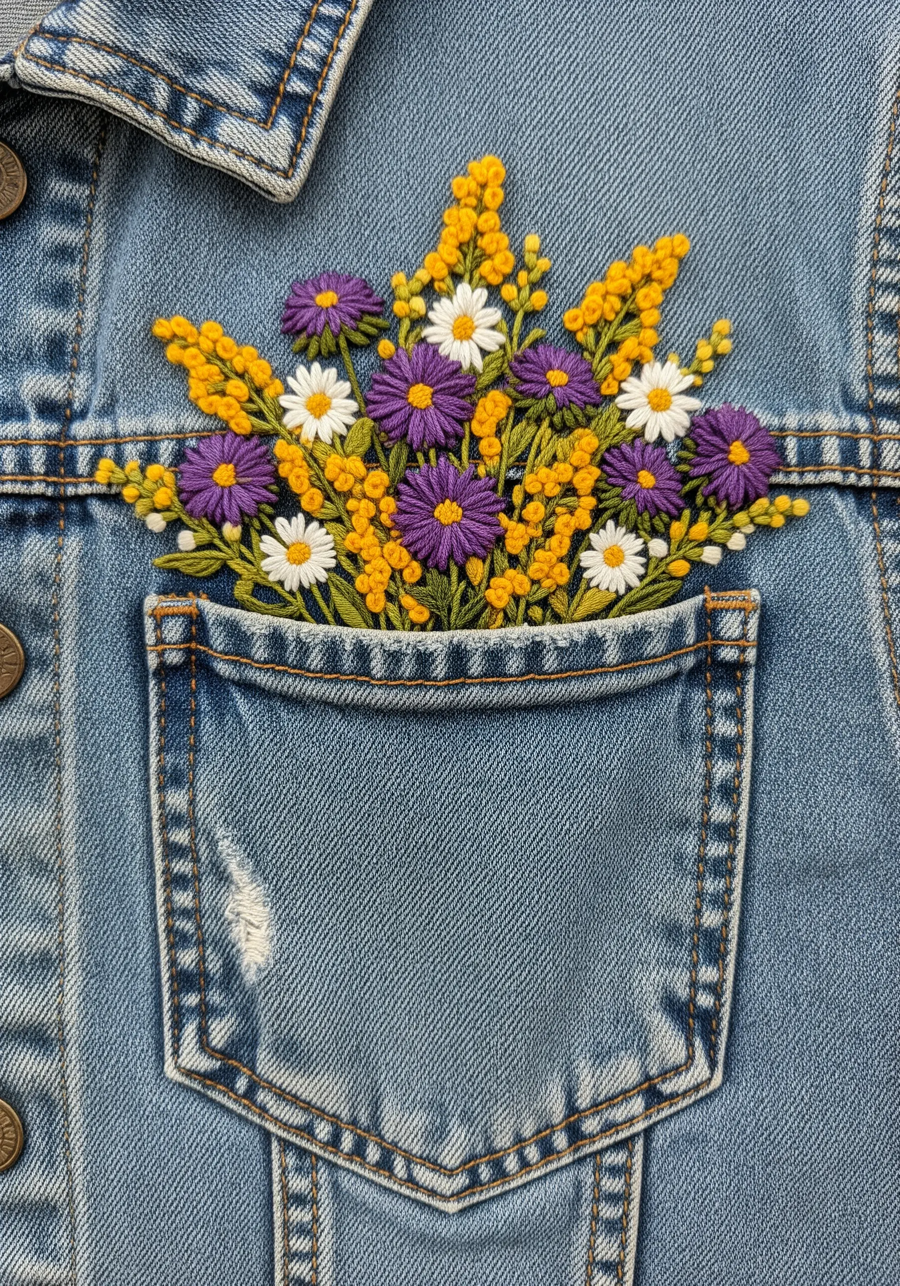 A vibrant bouquet of wildflowers embroidered in a denim jacket pocket.