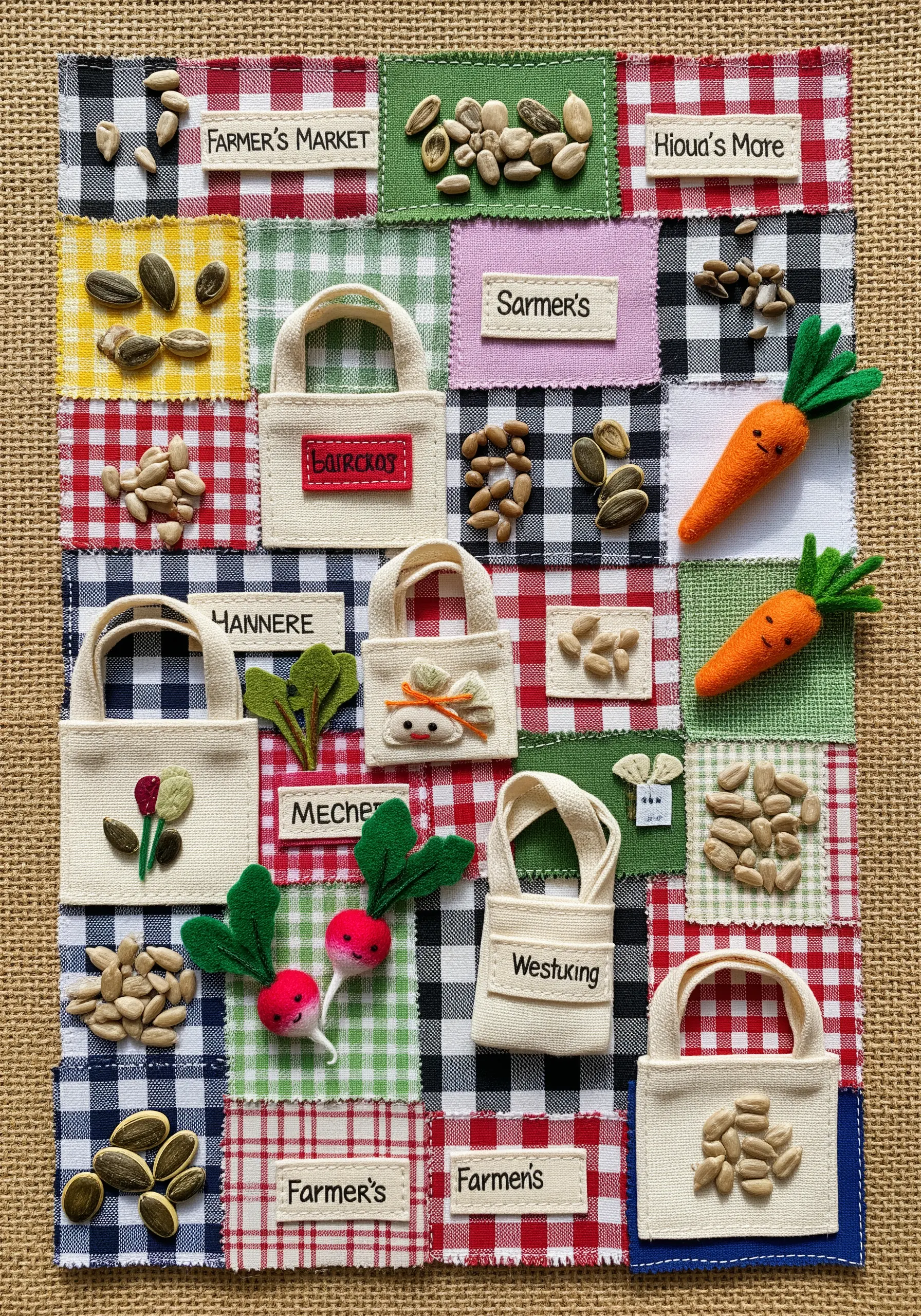 A farmer's market themed collage with gingham patches, felt vegetables, and real seeds.