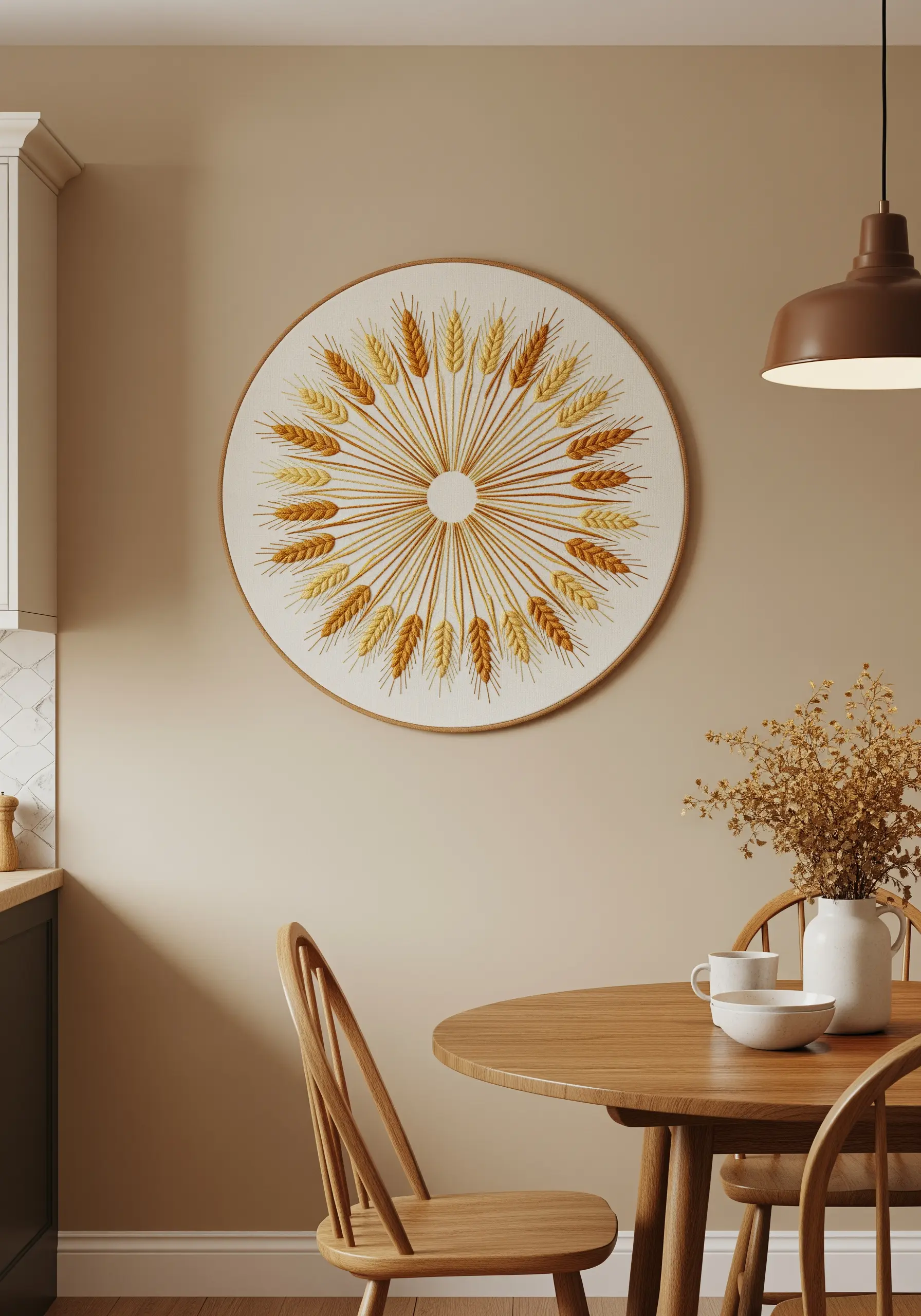 Large hoop art of a wheat mandala with kernels radiating from the center