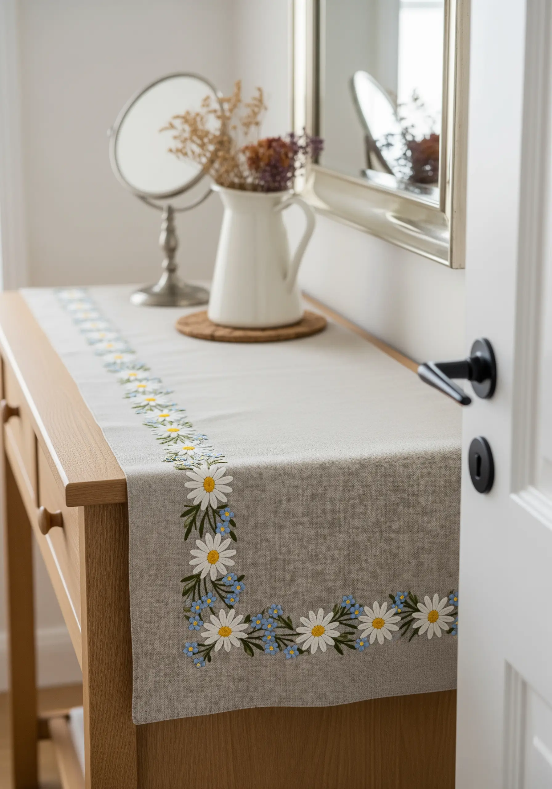 A detailed floral border with daisies and forget-me-nots on a table runner.