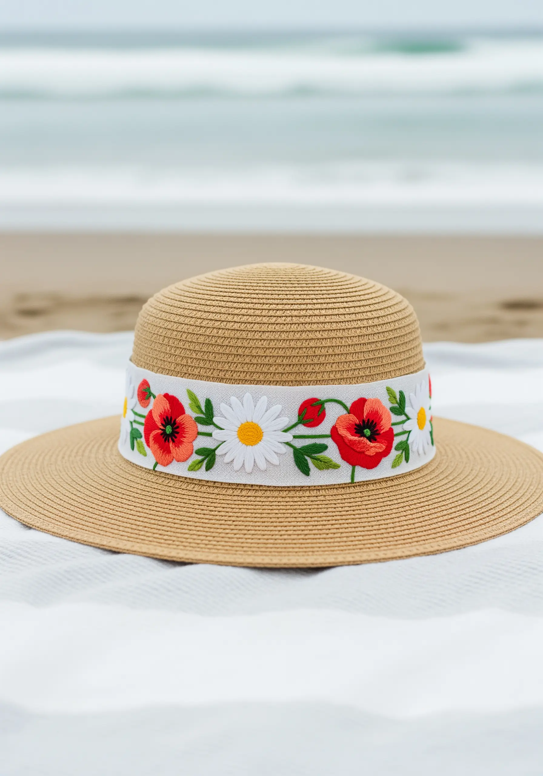 A straw hat on a beach blanket with a white, removable band embroidered with red poppies.
