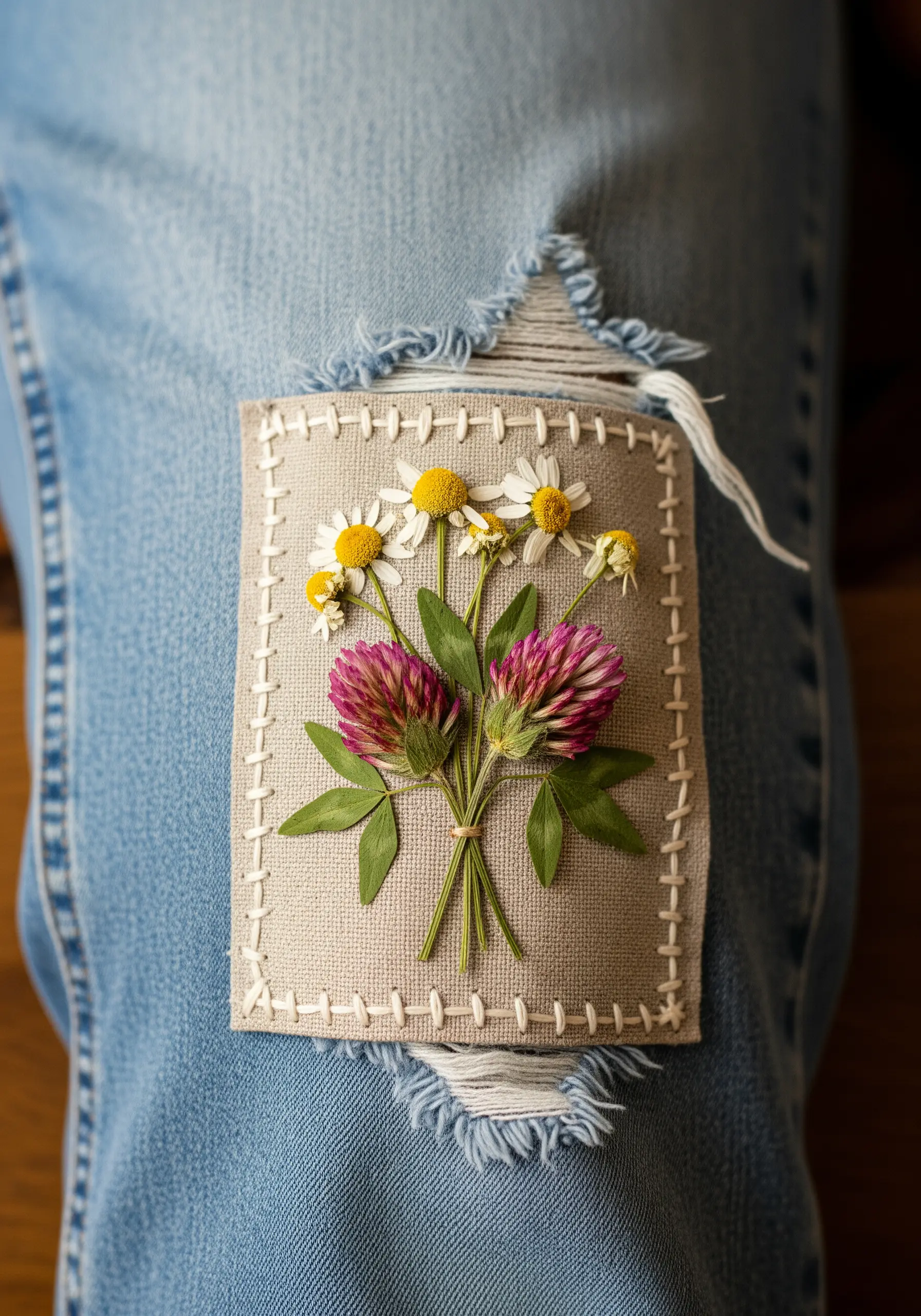 A handmade linen patch with pressed clover and daisies, stitched onto ripped jeans.