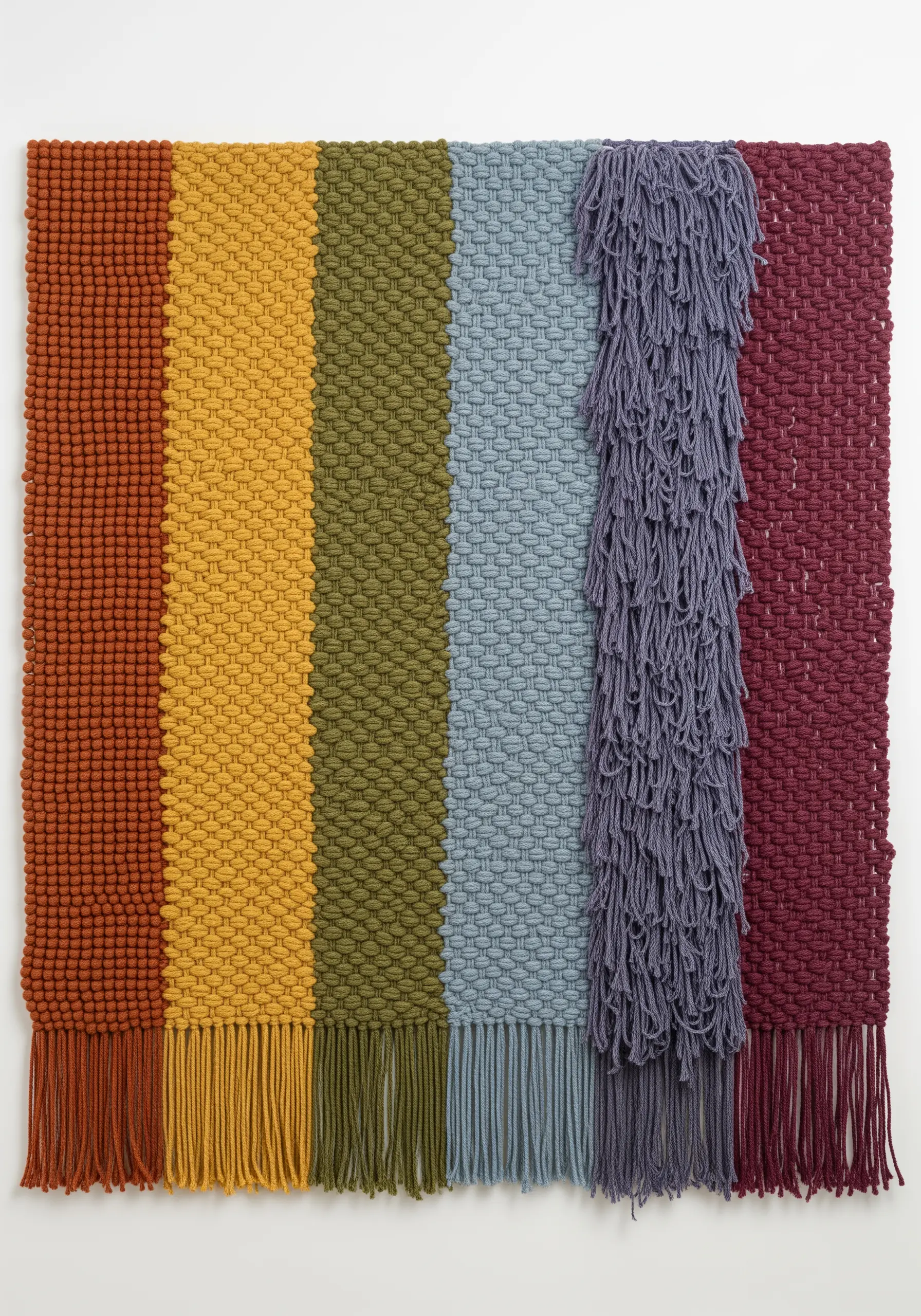 A woven wall hanging with vertical stripes, each showcasing a different texture and color.