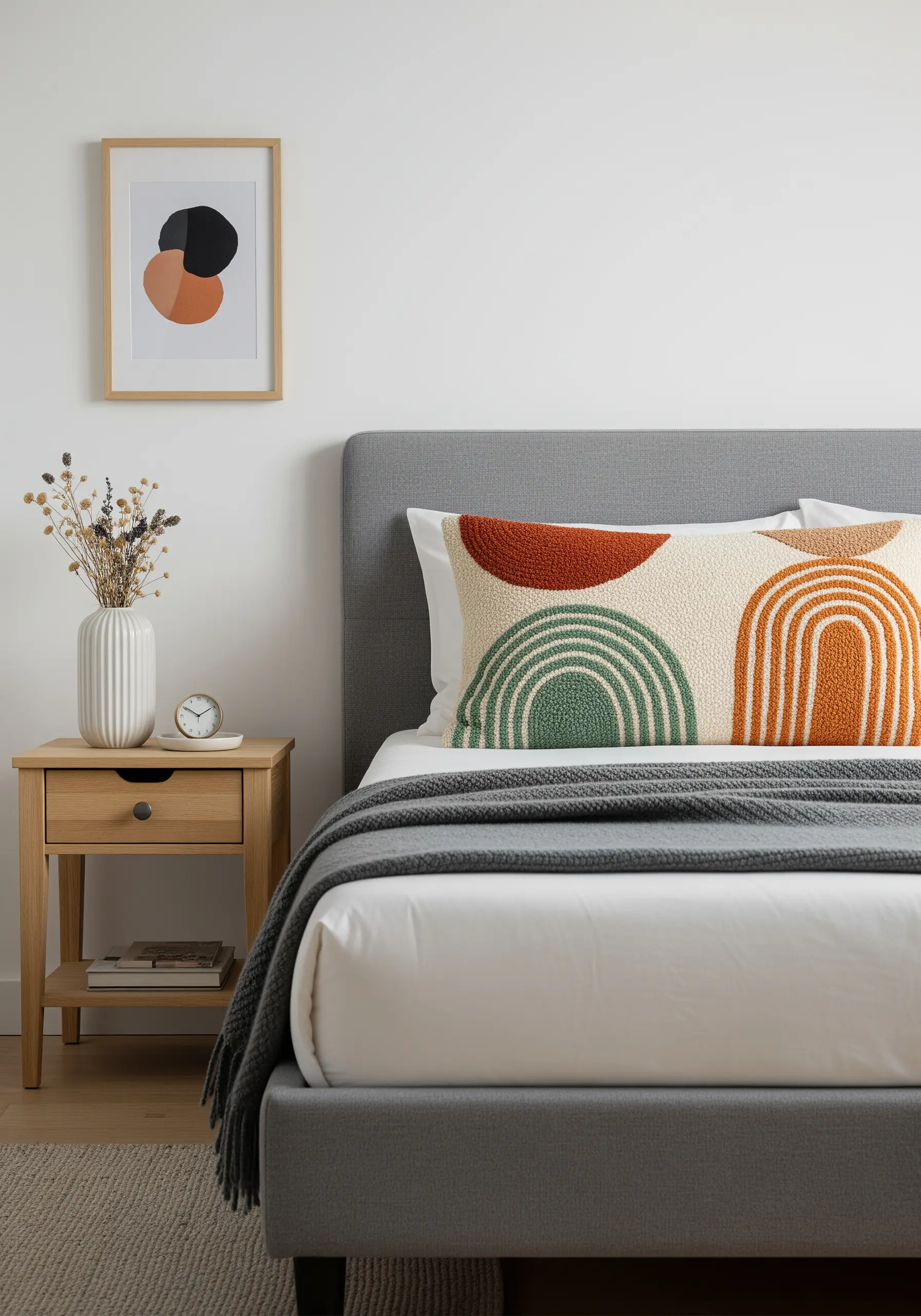 A lumbar pillow with a punch needle design of textured abstract arches in earth tones.