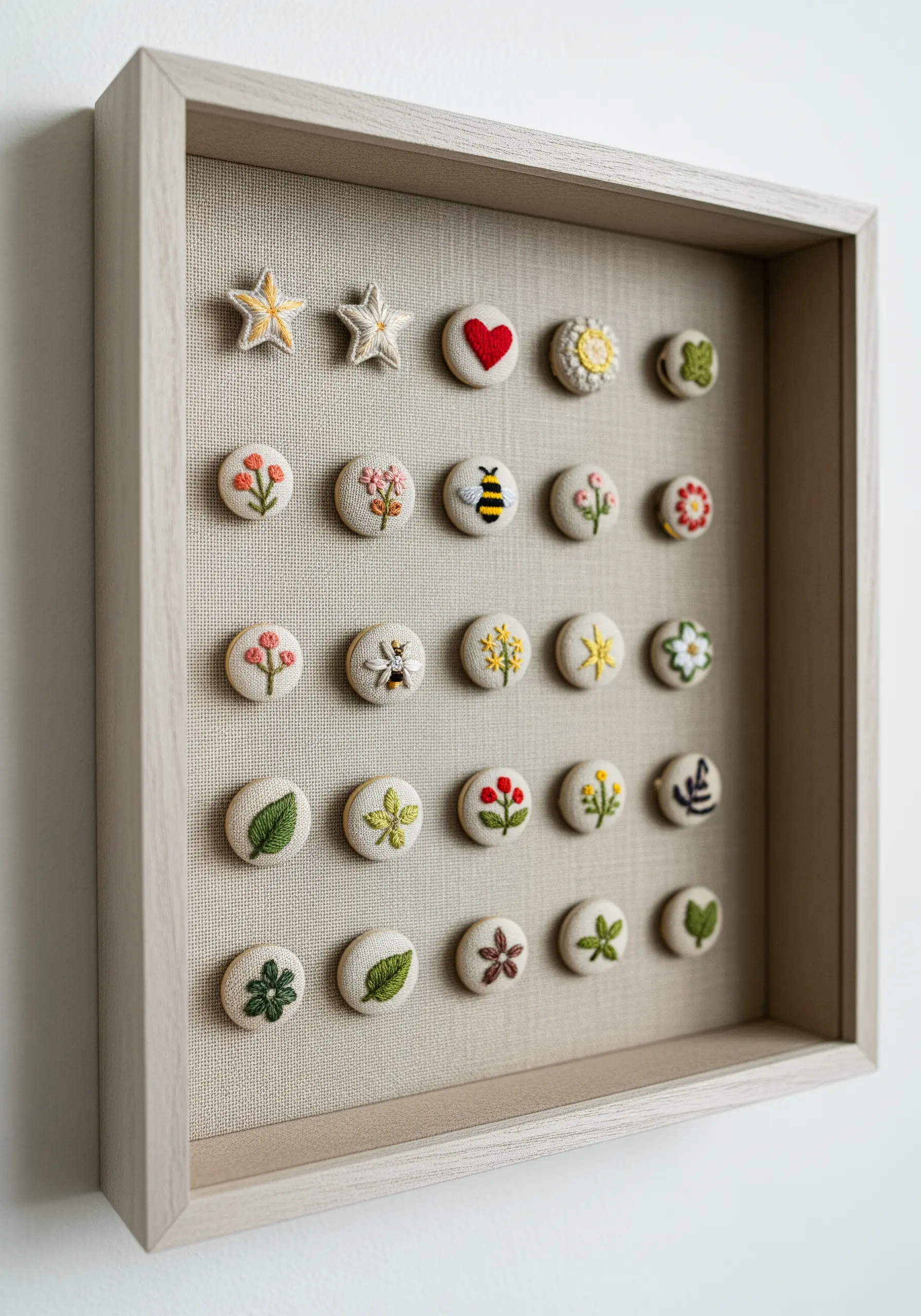 A collection of tiny embroidered motifs on fabric-covered buttons displayed in a shadow box.
