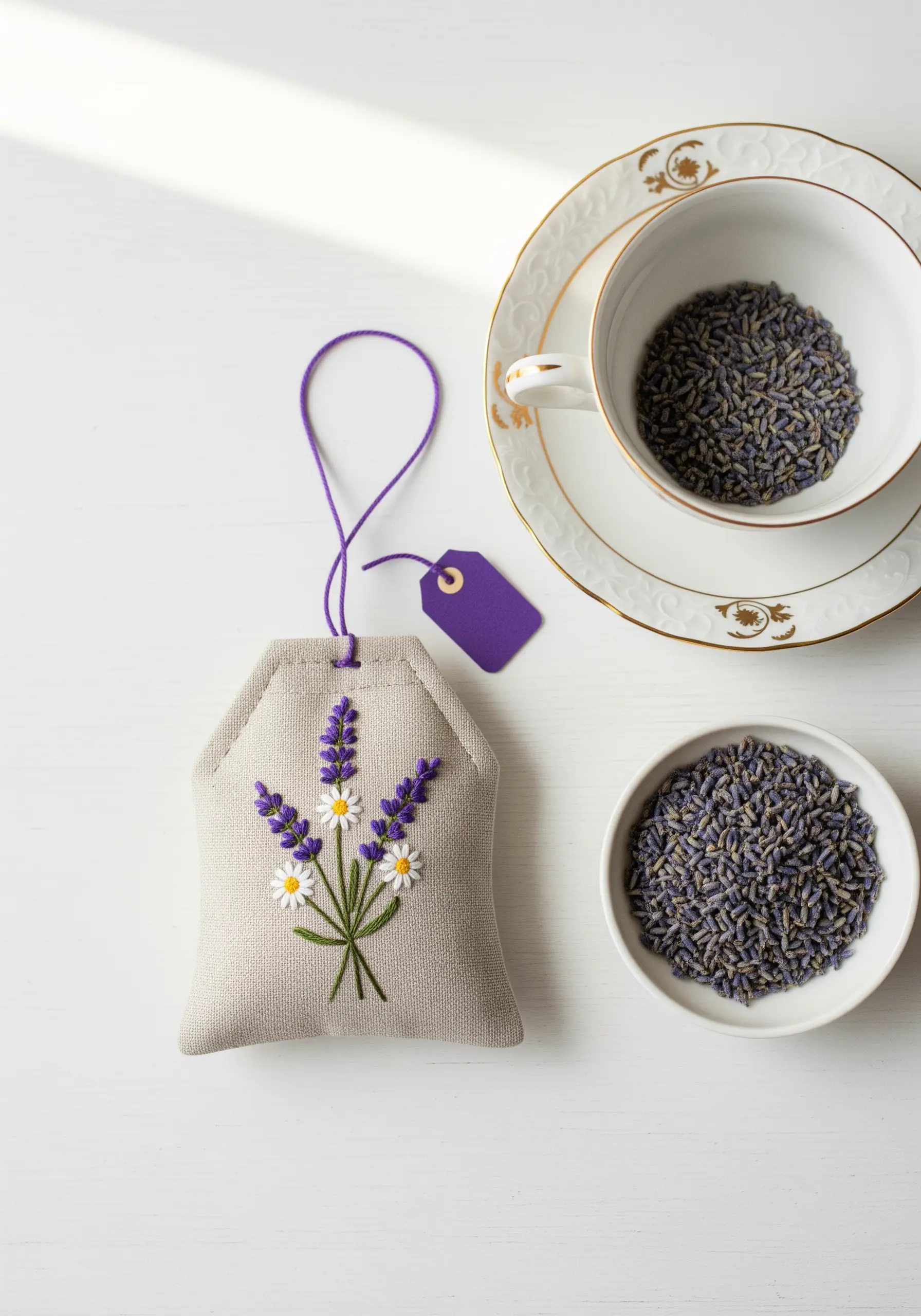 A small linen sachet embroidered with a bouquet of lavender and chamomile, next to a teacup.