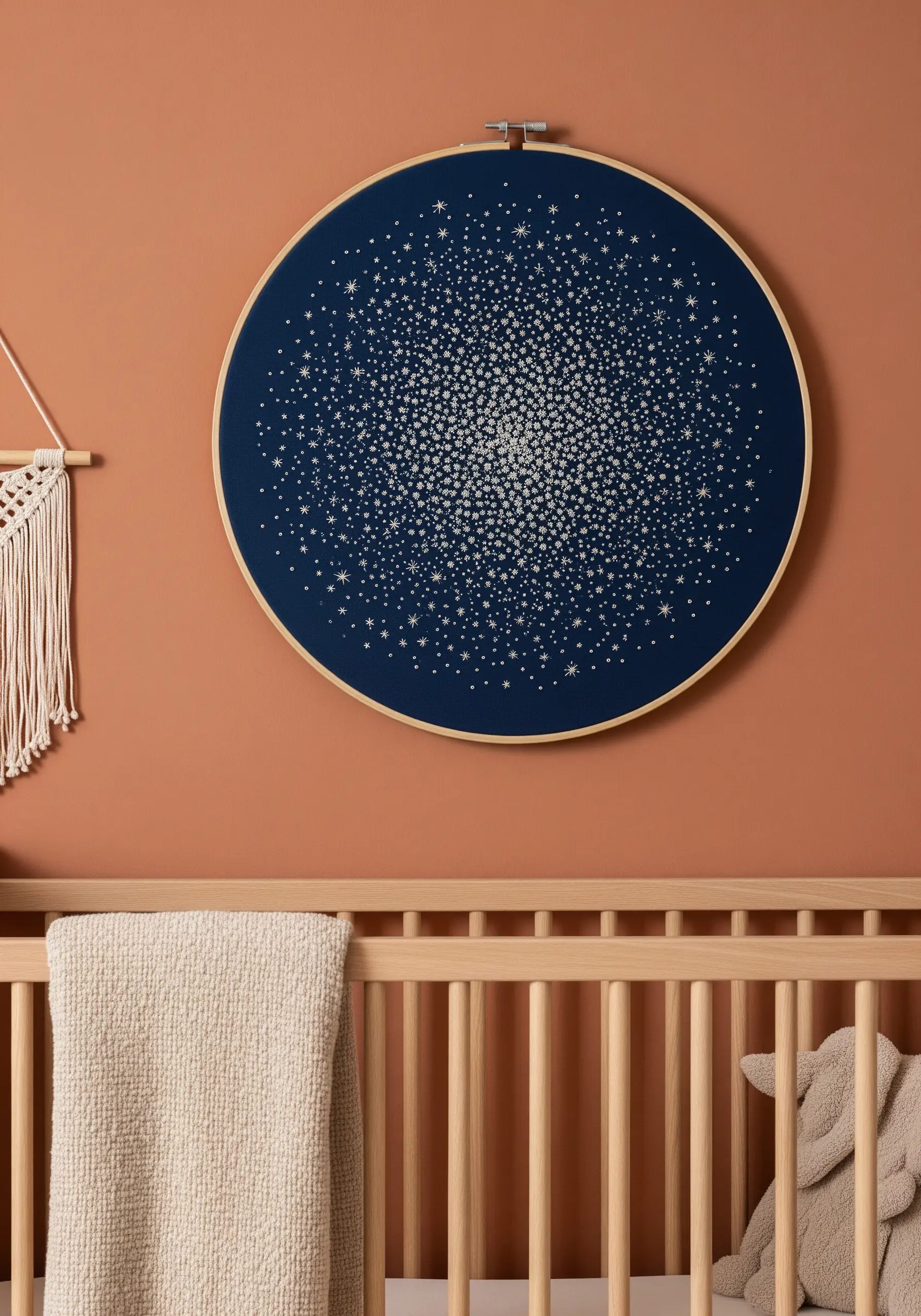 A large hoop embroidery of a dense star cluster on navy fabric in a nursery.